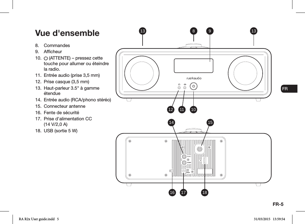 FR-5ENDADE ESFRITNLNO8. Commandes9. Afcheur10.   (ATTENTE) – pressez cette touche pour allumer ou éteindre la radio.11.  Entrée audio (prise 3,5mm)12.  Prise casque (3,5mm)13.  Haut-parleur 3.5&quot; à gamme étendue14.  Entrée audio (RCA/phono stéréo)15.  Connecteur antenne16.  Fente de sécurité17.  Prise d&apos;alimentation CC (14V/2,0A)18.  USB (sortie 5W)Vue d&apos;ensemble 9 1313 810111214 1516 17 18RA R2x User guide.indd   5 31/03/2015   13:59:54