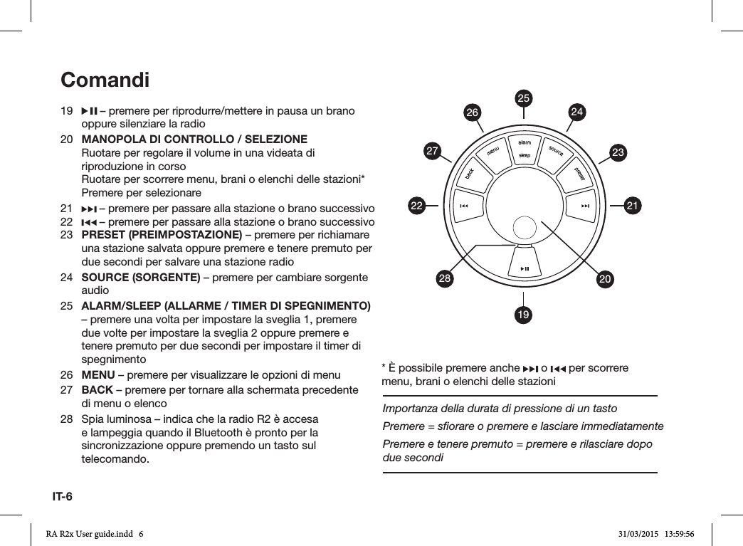 IT-619   – premere per riprodurre/mettere in pausa un brano oppure silenziare la radio20  MANOPOLA DI CONTROLLO / SELEZIONE  Ruotare per regolare il volume in una videata di riproduzione in corso   Ruotare per scorrere menu, brani o elenchi delle stazioni*  Premere per selezionare21   – premere per passare alla stazione o brano successivo22   – premere per passare alla stazione o brano successivo23  PRESET (PREIMPOSTAZIONE) – premere per richiamare una stazione salvata oppure premere e tenere premuto per due secondi per salvare una stazione radio24  SOURCE (SORGENTE) – premere per cambiare sorgente audio25  ALARM/SLEEP (ALLARME / TIMER DI SPEGNIMENTO) – premere una volta per impostare la sveglia 1, premere due volte per impostare la sveglia 2 oppure premere e tenere premuto per due secondi per impostare il timer di spegnimento26  MENU – premere per visualizzare le opzioni di menu27  BACK – premere per tornare alla schermata precedente    di menu o elenco28  Spia luminosa – indica che la radio R2 è accesa e lampeggia quando il Bluetooth è pronto per la sincronizzazione oppure premendo un tasto sul telecomando.Comandi19212223242026272528* È possibile premere anche   o   per scorrere menu, brani o elenchi delle stazioniImportanza della durata di pressione di un tastoPremere = sﬁorare o premere e lasciare immediatamentePremere e tenere premuto = premere e rilasciare dopo due secondiRA R2x User guide.indd   6 31/03/2015   13:59:56