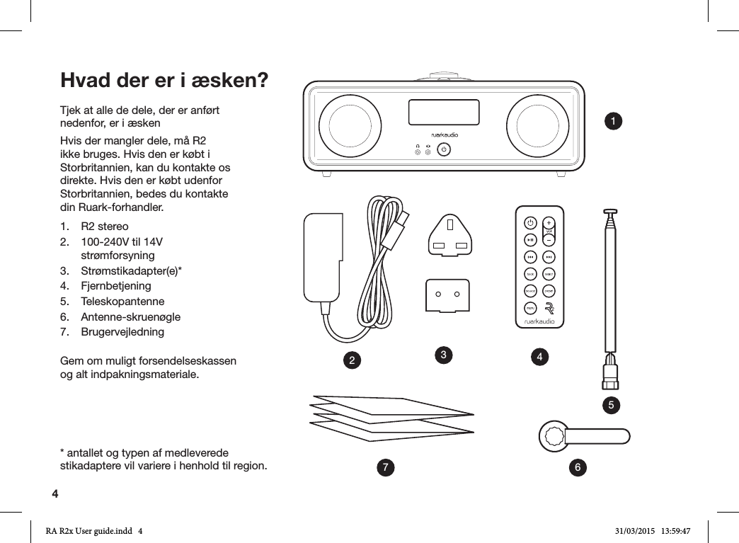 4Tjek at alle de dele, der er anført nedenfor, er i æskenHvis der mangler dele, må R2 ikke bruges. Hvis den er købt i Storbritannien, kan du kontakte os direkte. Hvis den er købt udenfor Storbritannien, bedes du kontakte din Ruark-forhandler.1.  R2 stereo2.  100-240V til 14V strømforsyning3. Strømstikadapter(e)*4. Fjernbetjening5. Teleskopantenne6. Antenne-skruenøgle7. BrugervejledningGem om muligt forsendelseskassen og alt indpakningsmateriale.* antallet og typen af medleverede stikadaptere vil variere i henhold til region.Hvad der er i æsken?1436572RA R2x User guide.indd   4 31/03/2015   13:59:47