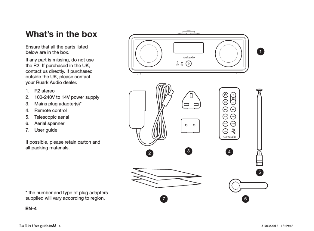 EN-4Ensure that all the parts listed below are in the box.If any part is missing, do not use the R2. If purchased in the UK, contact us directly. If purchased outside the UK, please contact your Ruark Audio dealer.1.  R2 stereo2.  100-240V to 14V power supply3.  Mains plug adapter(s)*4.  Remote control5.  Telescopic aerial6.  Aerial spanner7.  User guideIf possible, please retain carton and all packing materials.* the number and type of plug adapters supplied will vary according to region.What’s in the box1436572RA R2x User guide.indd   4 31/03/2015   13:59:45