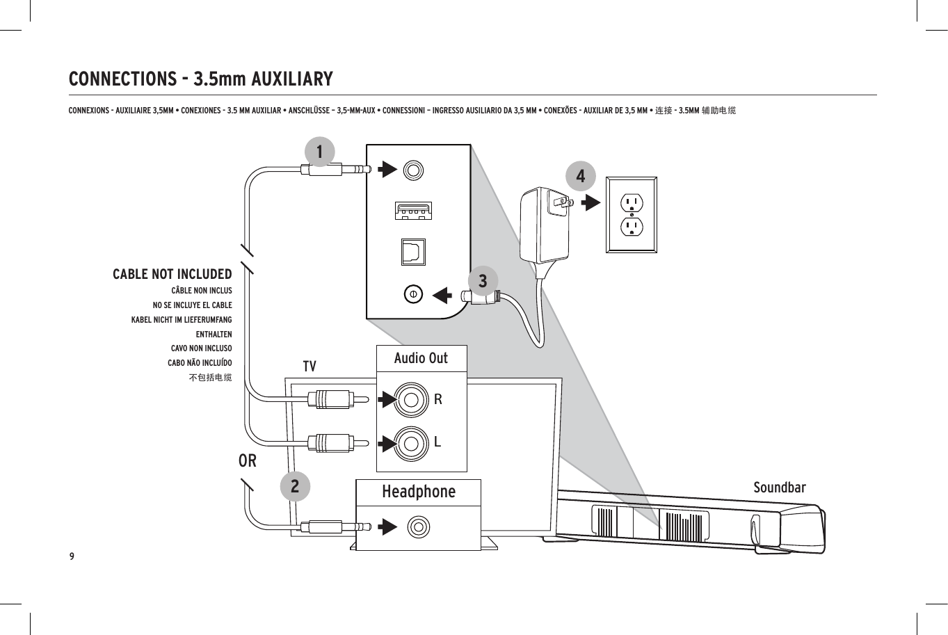 9CONNECTIONS - 3.5mm AUXILIARYSoundbarTVOpticalDigital Audio OutHDMI-ARCHDMI OUT/TVHDMI123456SoundbarTV3412SoundbarTV342HeadphoneAudio OutRL1ORCABLE NOT INCLUDEDCÂBLE NON INCLUSNO SE INCLUYE EL CABLEKABEL NICHT IM LIEFERUMFANG ENTHALTENCAVO NON INCLUSOCABO NÃO INCLUÍDO不包括电缆CONNEXIONS - AUXILIAIRE 3,5MM • CONEXIONES - 3.5 MM AUXILIAR • ANSCHLÜSSE – 3,5-MM-AUX • CONNESSIONI – INGRESSO AUSILIARIO DA 3,5 MM • CONEXÕES - AUXILIAR DE 3,5 MM • 连接 - 3.5MM 辅助电缆