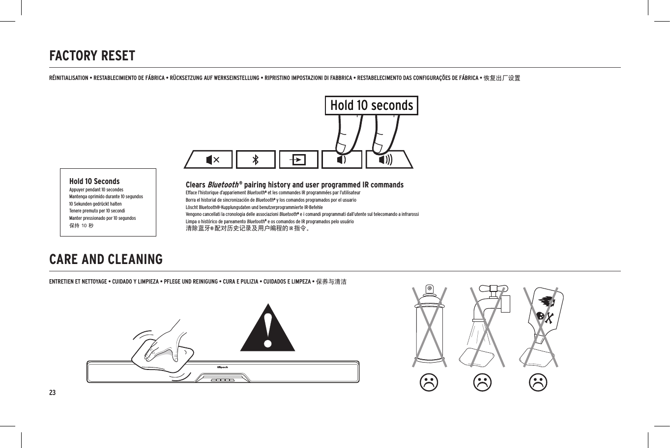 23CARE AND CLEANINGFACTORY RESET  ENTRETIEN ET NETTOYAGE • CUIDADO Y LIMPIEZA • PFLEGE UND REINIGUNG • CURA E PULIZIA • CUIDADOS E LIMPEZA • 保养与清洁RÉINITIALISATION • RESTABLECIMIENTO DE FÁBRICA • RÜCKSETZUNG AUF WERKSEINSTELLUNG • RIPRISTINO IMPOSTAZIONI DI FABBRICA • RESTABELECIMENTO DAS CONFIGURAÇÕES DE FÁBRICA • 恢复出厂设置Hold 10 secondsHold 10 SecondsAppuyer pendant 10 secondesMantenga oprimido durante 10 segundos10 Sekunden gedrückt haltenTenere premuto per 10 secondiManter pressionado por 10 segundos保持 10 秒Clears Bluetooth ® pairing history and user programmed IR commandsEfface l’historique d’appariement Bluetooth® et les commandes IR programmées par l’utilisateurBorra el historial de sincronización de Bluetooth® y los comandos programados por el usuarioLöscht Bluetooth®-Kupplungsdaten und benutzerprogrammierte IR-BefehleVengono cancellati la cronologia delle associazioni Bluetooth® e i comandi programmati dall’utente sul telecomando a infrarossiLimpa o histórico de pareamento Bluetooth® e os comandos de IR programados pelo usuário清除蓝牙® 配对历史记录及用户编程的 IR 指令。