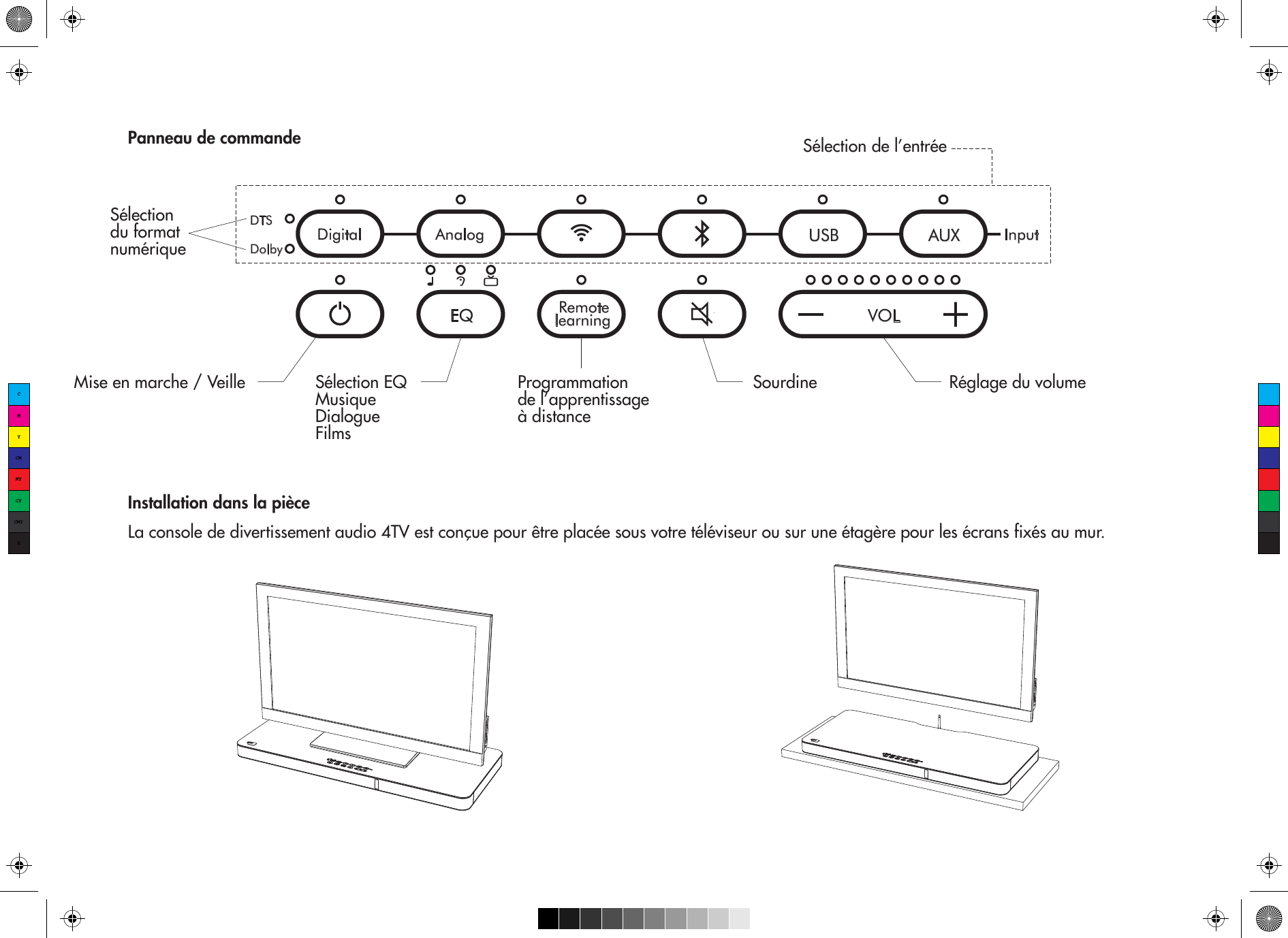 Panneau de commandeDigital Analog AUXUSBlearning  RemoteEQ VOLDTSDolbyInputSélection de l’entréeMise en marche / Veille Réglage du volumeSourdineProgrammation de l’apprentissage à distanceSélection du format numériqueInstallation dans la pièce La console de divertissement audio 4TV est conçue pour être placée sous votre téléviseur ou sur une étagère pour les écrans fixés au mur.  Sélection EQMusiqueDialogueFilmsCMYCMMYCYCMYK