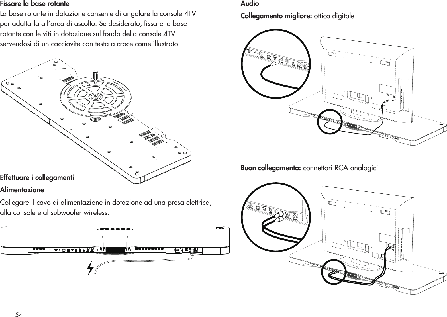 Fissare la base rotante La base rotante in dotazione consente di angolare la console 4TVper adattarla all’area di ascolto. Se desiderato, ssare la baserotante con le viti in dotazione sul fondo della console 4TVservendosi di un cacciavite con testa a croce come illustrato. Effettuare i collegamentiAlimentazioneCollegare il cavo di alimentazione in dotazione ad una presa elettrica, alla console e al subwoofer wireless. AudioCollegamento migliore: ottico digitaleBuon collegamento: connettori RCA analogici54