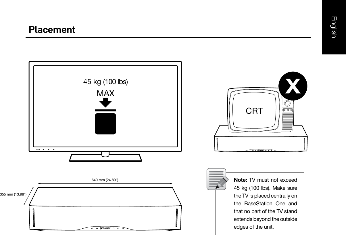 EnglishPlacement Note: TV must not exceed    45 kg (100 lbs). Make sure   the TV is placed centrally on   the  BaseStation  One  and   that no part of the TV stand    extends beyond the outside    edges of the unit. 45 kg (100 lbs)MAX640 mm (24.80”) 355 mm (13.98”) OpticalDigital Audio OutHeadphoneAudio OutLRSubCRT