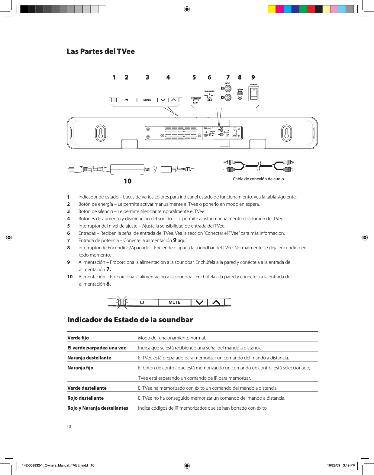 10;9043,=,3057&lt;;9376&gt;,9;9043,=,3057&lt;;376&gt;,9MUTE1 2 3 4 5 6 7 8 9TVee® Model 20R16V2.2A16V2.2A1 2 3 41 2 3 4Las Partes del TVee 1 Indicador de estado – Luces de varios colores para indicar el estado de funcionamiento. Vea la tabla siguiente.2  Botón de energía – Le permite activar manualmente el TVee o ponerlo en modo en espera.3  Botón de silencio – Le permite silenciar temporalmente el TVee. 4  Botones de aumento y disminución del sonido – Le permite ajustar manualmente el volumen del TVee. 5  Interruptor del nivel de ajuste – Ajusta la sensibilidad de entrada del TVee.6  Entradas – Reciben la señal de entrada del TVee. Vea la sección “Conectar el TVee” para más información.7  Entrada de potencia – Conecte la alimentación 9 aquí.8  Interruptor de Encendido/Apagado – Enciende o apaga la soundbar del TVee. Normalmente se deja encendido en todo momento.9  Alimentación – Proporciona la alimentación a la soundbar. Enchúfela a la pared y conéctela a la entrada de alimentación 7.10  Alimentación – Proporciona la alimentación a la soundbar. Enchúfela a la pared y conéctela a la entrada de alimentación 8.Indicador de Estado de la soundbarVerde jo  Modo de funcionamiento normal..El verde parpadea una vez Indica que se está recibiendo una señal del mando a distancia.Naranja destellante El TVee está preparado para memorizar un comando del mando a distancia.Naranja jo El botón de control que está memorizando un comando de control está seleccionado;    TVee está esperando un comando de IR para memorizar.Verde destellante El TVee ha memorizado con éxito un comando del mando a distancia.Rojo destellante El TVee no ha conseguido memorizar un comando del mando a distancia.Rojo y Naranja destellantes Indica códigos de IR memorizados que se han borrado con éxito.MUTE10 Cable de conexión de audioB2ZQHUVB0DQXDOB79((LQGG 30