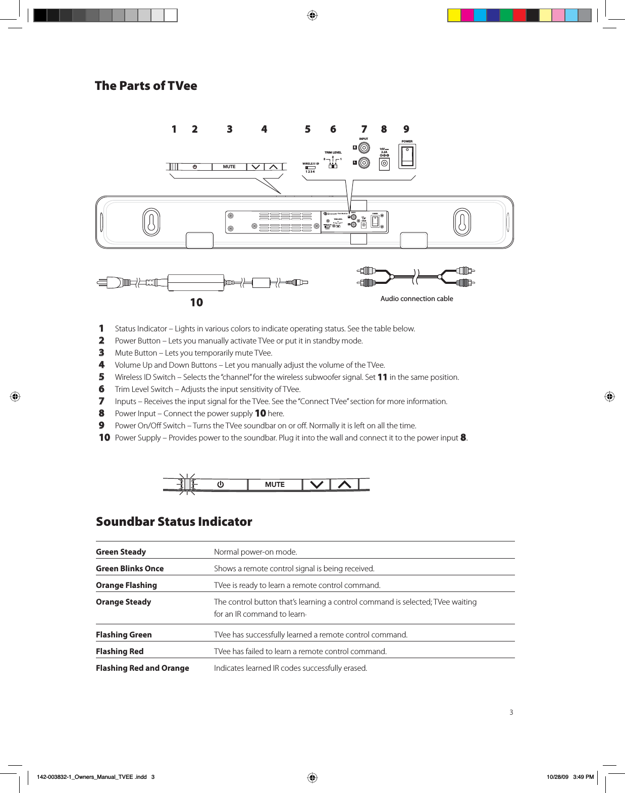 3;9043,=,3057&lt;;9376&gt;,9;9043,=,3057&lt;;376&gt;,9MUTE1 2 3 4 5 6 7 8 9TVee® Model 20R16V2.2A16V2.2A1 2 3 41 2 3 4The Parts of TVee  1 Status Indicator – Lights in various colors to indicate operating status. See the table below.  2 Power Button – Lets you manually activate TVee or put it in standby mode.  3 Mute Button – Lets you temporarily mute TVee.  4 Volume Up and Down Buttons – Let you manually adjust the volume of the TVee.  5 Wireless ID Switch – Selects the “channel” for the wireless subwoofer signal. Set 11 in the same position.     6 Trim Level Switch – Adjusts the input sensitivity of TVee.  7 Inputs – Receives the input signal for the TVee. See the “Connect TVee” section for more information.   8 Power Input – Connect the power supply 10 here.  9 Power On/Oﬀ Switch – Turns the TVee soundbar on or oﬀ. Normally it is left on all the time.  10 Power Supply – Provides power to the soundbar. Plug it into the wall and connect it to the power input 8.Soundbar Status IndicatorGreen Steady Normal power-on mode.Green Blinks Once Shows a remote control signal is being received.Orange Flashing TVee is ready to learn a remote control command.Orange Steady The control button that’s learning a control command is selected; TVee waiting   for an IR command to learn.Flashing Green TVee has successfully learned a remote control command.Flashing Red TVee has failed to learn a remote control command.Flashing Red and Orange Indicates learned IR codes successfully erased.MUTE10 Audio connection cableB2ZQHUVB0DQXDOB79((LQGG 30