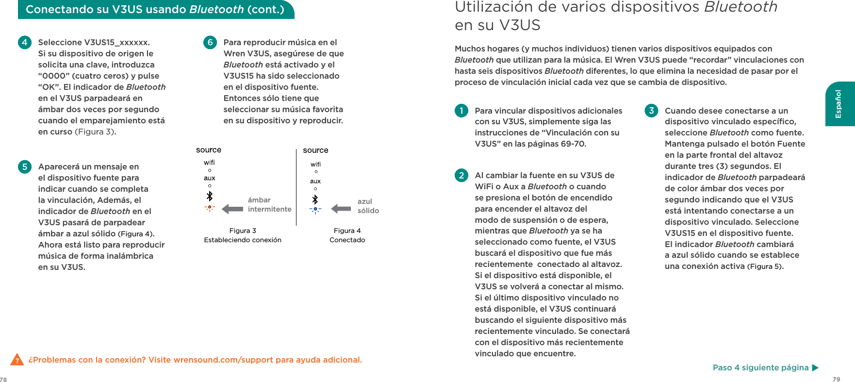 7978Español¿Problemas con la conexión? Visite wrensound.com/support para ayuda adicional. Para reproducir música en el Wren V3US, asegúrese de que Bluetooth está activado y el V3US15 ha sido seleccionado en el dispositivo fuente. Entonces sólo tiene que seleccionar su música favorita en su dispositivo y reproducir. Seleccione V3US15_xxxxxx. Si su dispositivo de origen le solicita una clave, introduzca “0000” (cuatro ceros) y pulse “OK”. El indicador de Bluetooth en el V3US parpadeará en ámbar dos veces por segundo cuando el emparejamiento está en curso (Figura 3). Aparecerá un mensaje en el dispositivo fuente para indicar cuando se completa la vinculación, Además, el indicador de Bluetooth en el V3US pasará de parpadear ámbar a azul sólido (Figura 4). Ahora está listo para reproducir música de forma inalámbrica  en su V3US. Figura 3Estableciendo conexiónámbar  intermitenteFigura 4ConectadoazulsólidoConectando su V3US usando Bluetooth (cont.) Para vincular dispositivos adicionales con su V3US, simplemente siga las instrucciones de “Vinculación con su V3US” en las páginas 69-70. Al cambiar la fuente en su V3US de WiFi o Aux a Bluetooth o cuando se presiona el botón de encendido para encender el altavoz del modo de suspensión o de espera, mientras que Bluetooth ya se ha seleccionado como fuente, el V3US buscará el dispositivo que fue más recientemente  conectado al altavoz. Si el dispositivo está disponible, el V3US se volverá a conectar al mismo. Si el último dispositivo vinculado no está disponible, el V3US continuará buscando el siguiente dispositivo más recientemente vinculado. Se conectará con el dispositivo más recientemente vinculado que encuentre. Cuando desee conectarse a un dispositivo vinculado especíﬁco, seleccione Bluetooth como fuente. Mantenga pulsado el botón Fuente en la parte frontal del altavoz durante tres (3) segundos. El indicador de Bluetooth parpadeará de color ámbar dos veces por segundo indicando que el V3US está intentando conectarse a un dispositivo vinculado. Seleccione V3US15 en el dispositivo fuente. El indicador Bluetooth cambiará a azul sólido cuando se establece una conexión activa (Figura 5).Muchos hogares (y muchos individuos) tienen varios dispositivos equipados con Bluetooth que utilizan para la música. El Wren V3US puede “recordar” vinculaciones con hasta seis dispositivos Bluetooth diferentes, lo que elimina la necesidad de pasar por el proceso de vinculación inicial cada vez que se cambia de dispositivo.Utilización de varios dispositivos Bluetooth  en su V3USPaso 4 siguiente página