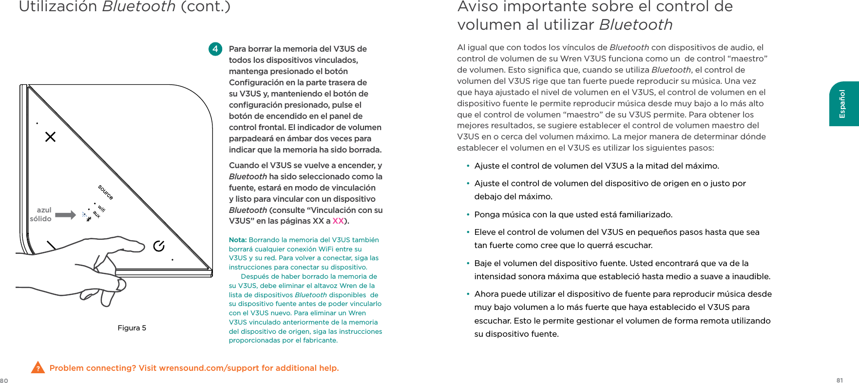 8180EspañolProblem connecting? Visit wrensound.com/support for additional help. Para borrar la memoria del V3US de todos los dispositivos vinculados, mantenga presionado el botón Conﬁguración en la parte trasera de su V3US y, manteniendo el botón de conﬁguración presionado, pulse el botón de encendido en el panel de control frontal. El indicador de volumen parpadeará en ámbar dos veces para indicar que la memoria ha sido borrada.  Cuando el V3US se vuelve a encender, y Bluetooth ha sido seleccionado como la fuente, estará en modo de vinculación y listo para vincular con un dispositivo Bluetooth (consulte “Vinculación con su V3US” en las páginas XX a XX). Nota:Borrando la memoria del V3US también borrará cualquier conexión WiFi entre su V3US y su red. Para volver a conectar, siga las instrucciones para conectar su dispositivo.Después de haber borrado la memoria de su V3US, debe eliminar el altavoz Wren de la lista de dispositivos Bluetooth disponibles  de su dispositivo fuente antes de poder vincularlo con el V3US nuevo. Para eliminar un Wren V3US vinculado anteriormente de la memoria del dispositivo de origen, siga las instrucciones proporcionadas por el fabricante.azulsólidoFigura 5Al igual que con todos los vínculos de Bluetooth con dispositivos de audio, el control de volumen de su Wren V3US funciona como un  de control “maestro” de volumen. Esto signiﬁca que, cuando se utiliza Bluetooth, el control de volumen del V3US rige que tan fuerte puede reproducir su música. Una vez que haya ajustado el nivel de volumen en el V3US, el control de volumen en el dispositivo fuente le permite reproducir música desde muy bajo a lo más alto que el control de volumen “maestro” de su V3US permite. Para obtener los mejores resultados, se sugiere establecer el control de volumen maestro del V3US en o cerca del volumen máximo. La mejor manera de determinar dónde establecer el volumen en el V3US es utilizar los siguientes pasos:•  Ajuste el control de volumen del V3US a la mitad del máximo.•   Ajuste el control de volumen del dispositivo de origen en o justo por debajo del máximo.•  Ponga música con la que usted está familiarizado.•   Eleve el control de volumen del V3US en pequeños pasos hasta que sea tan fuerte como cree que lo querrá escuchar.•   Baje el volumen del dispositivo fuente. Usted encontrará que va de la intensidad sonora máxima que estableció hasta medio a suave a inaudible.•   Ahora puede utilizar el dispositivo de fuente para reproducir música desde muy bajo volumen a lo más fuerte que haya establecido el V3US para escuchar. Esto le permite gestionar el volumen de forma remota utilizando su dispositivo fuente.Aviso importante sobre el control de volumen al utilizar BluetoothUtilización Bluetooth (cont.)