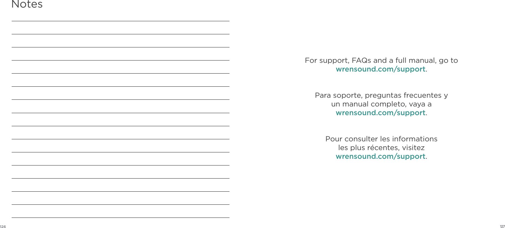 127126For support, FAQs and a full manual, go to wrensound.com/support.Para soporte, preguntas frecuentes y un manual completo, vaya awrensound.com/support.Pour consulter les informations les plus récentes, visitez wrensound.com/support.Notes