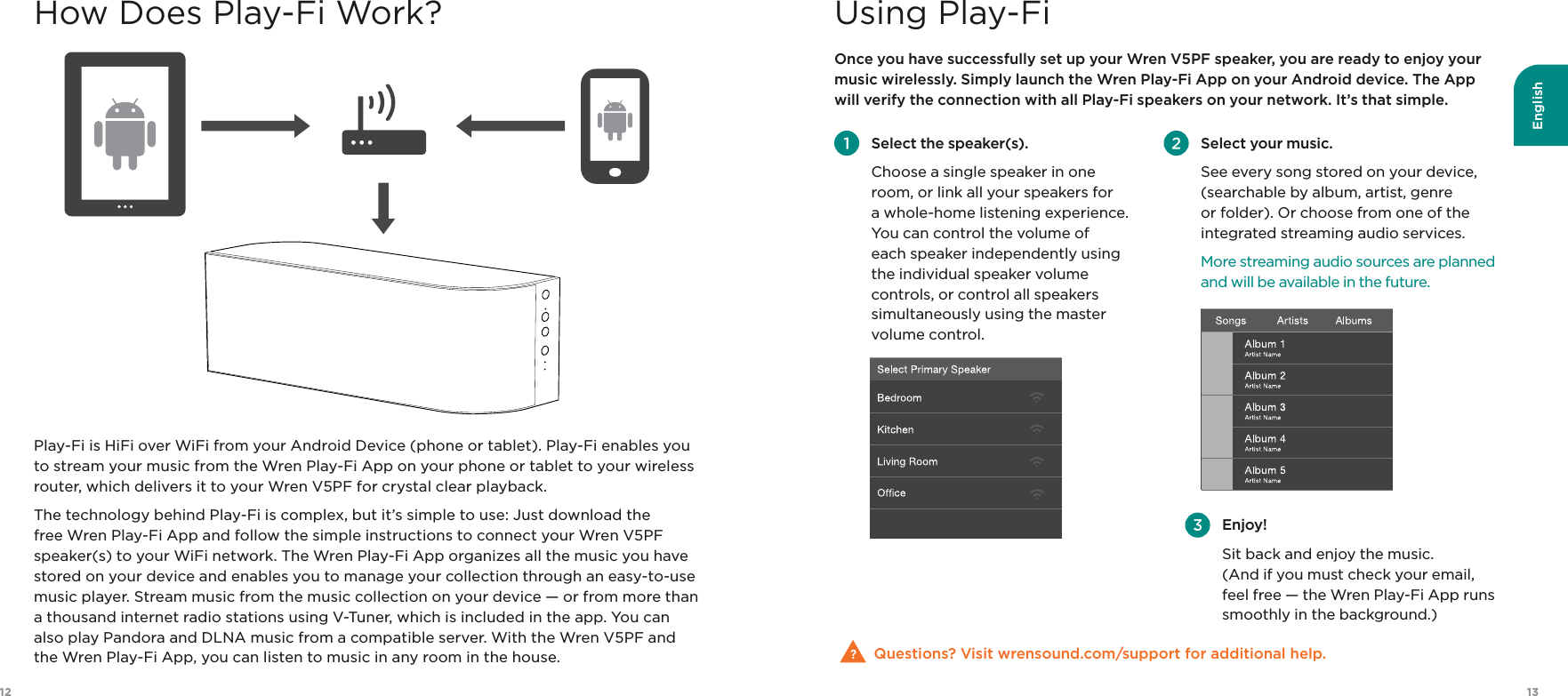 English1312How Does Play-Fi Work? Using Play-FiPlay-Fi is HiFi over WiFi from your Android Device (phone or tablet). Play-Fi enables you to stream your music from the Wren Play-Fi App on your phone or tablet to your wireless router, which delivers it to your Wren V5PF for crystal clear playback. The technology behind Play-Fi is complex, but it’s simple to use: Just download the free Wren Play-Fi App and follow the simple instructions to connect your Wren V5PF speaker(s) to your WiFi network. The Wren Play-Fi App organizes all the music you have stored on your device and enables you to manage your collection through an easy-to-use music player. Stream music from the music collection on your device — or from more than a thousand internet radio stations using V-Tuner, which is included in the app. You can also play Pandora and DLNA music from a compatible server. With the Wren V5PF and the Wren Play-Fi App, you can listen to music in any room in the house. Once you have successfully set up your Wren V5PF speaker, you are ready to enjoy your music wirelessly. Simply launch the Wren Play-Fi App on your Android device. The App will verify the connection with all Play-Fi speakers on your network. It’s that simple.Questions? Visit wrensound.com/support for additional help. Select the speaker(s). Choose a single speaker in one room, or link all your speakers for  a whole-home listening experience. You can control the volume of each speaker independently using the individual speaker volume controls, or control all speakers simultaneously using the master volume control.  Enjoy! Sit back and enjoy the music.  (And if you must check your email,  feel free — the Wren Play-Fi App runs smoothly in the background.) Select your music. See every song stored on your device, (searchable by album, artist, genre or folder). Or choose from one of the integrated streaming audio services. More streaming audio sources are planned and will be available in the future.