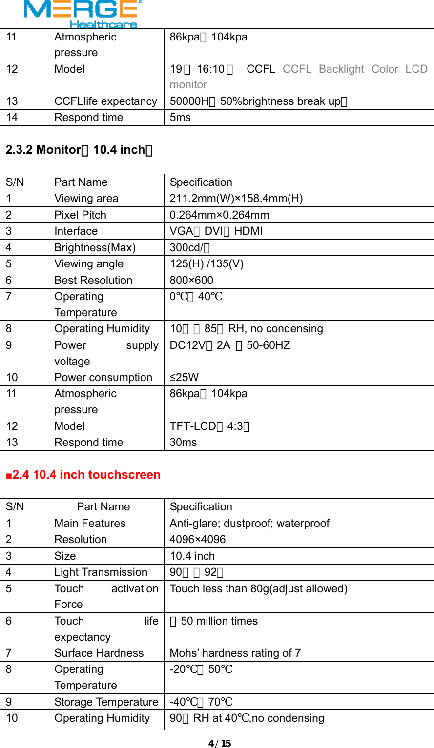 4/1511 Atmospheric pressure 86kpa～104kpa 12 Model  19 （16:10 ） CCFL CCFL Backlight Color LCD monitor 13 CCFLlife expectancy 50000H（50%brightness break up） 14 Respond time  5ms    2.3.2 Monitor（10.4 inch）  S/N Part Name  Specification 1 Viewing area  211.2mm(W)&times;158.4mm(H) 2 Pixel Pitch  0.264mm&times;0.264mm 3 Interface  VGA、DVI、HDMI 4 Brightness(Max) 300cd/㎡ 5  Viewing angle  125(H) /135(V) 6 Best Resolution 800&times;600 7 Operating Temperature 0℃～40℃ 8 Operating Humidity 10﹪～85﹪RH, no condensing 9 Power supply voltage DC12V、2A  、50-60HZ 10 Power consumption &le;25W 11 Atmospheric pressure 86kpa～104kpa 12 Model  TFT-LCD（4:3） 13 Respond time  30ms  ■2.4 10.4 inch touchscreen  S/N Part Name Specification 1  Main Features  Anti-glare; dustproof; waterproof 2 Resolution  4096&times;4096 3 Size  10.4 inch 4 Light Transmission 90﹪～92﹪ 5 Touch activation Force Touch less than 80g(adjust allowed) 6 Touch  life expectancy ＞50 million times 7  Surface Hardness  Mohs&rsquo; hardness rating of 7 8 Operating Temperature -20℃～50℃ 9 Storage Temperature -40℃～70℃ 10 Operating Humidity 90﹪RH at 40℃,no condensing 