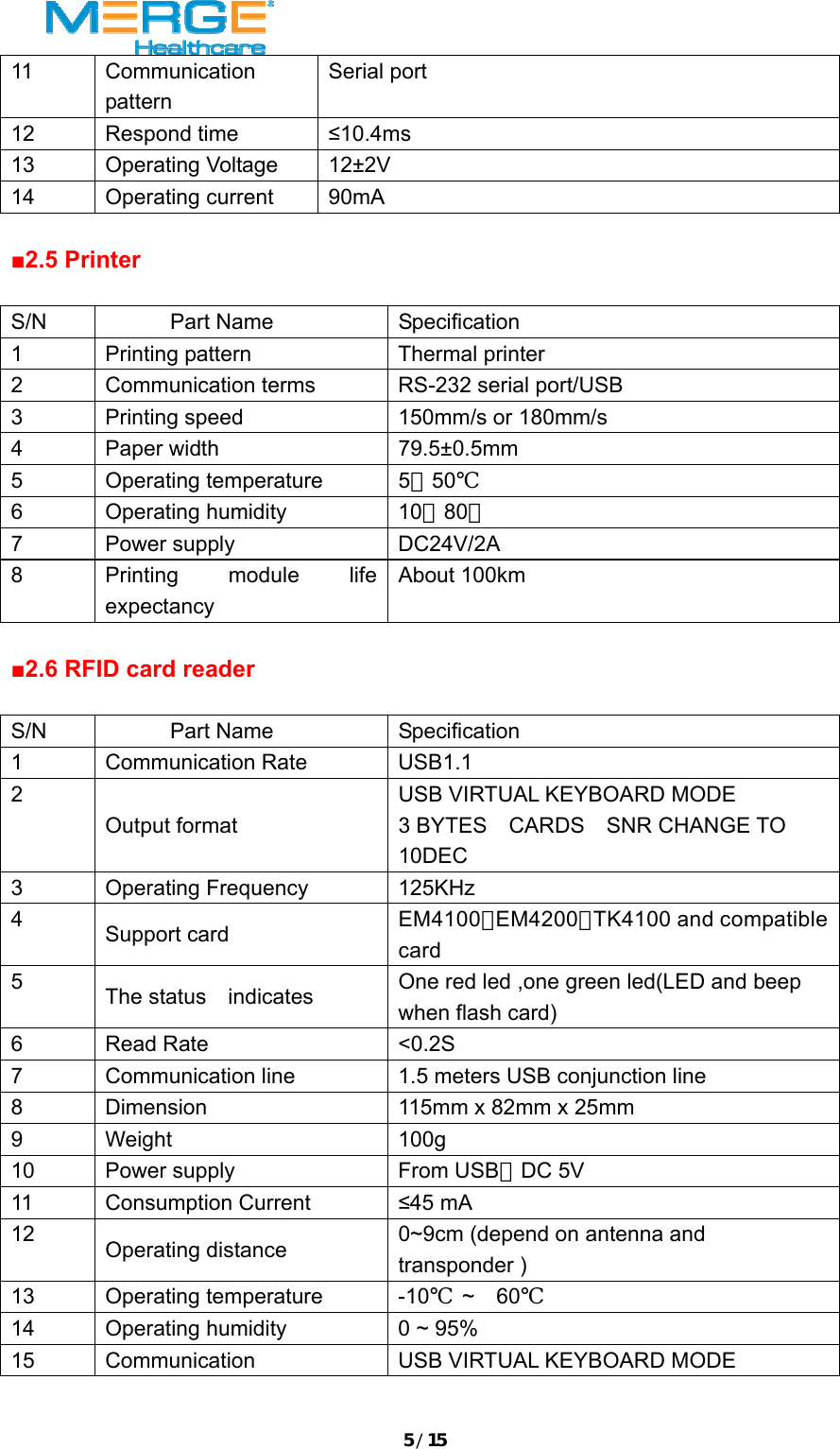 5/1511 Communication pattern Serial port 12 Respond time  &le;10.4ms 13 Operating Voltage 12&plusmn;2V 14 Operating current 90mA  ■2.5 Printer    S/N Part Name Specification 1  Printing pattern  Thermal printer 2  Communication terms  RS-232 serial port/USB 3  Printing speed  150mm/s or 180mm/s 4 Paper width  79.5&plusmn;0.5mm 5 Operating temperature 5～50℃ 6 Operating humidity  10～80％ 7 Power supply  DC24V/2A 8  Printing module life expectancy About 100km  ■2.6 RFID card reader  S/N Part Name Specification 1 Communication Rate  USB1.1 2 Output format USB VIRTUAL KEYBOARD MODE 3 BYTES  CARDS  SNR CHANGE TO  10DEC 3 Operating Frequency  125KHz 4  Support card  EM4100，EM4200，TK4100 and compatible card 5  The status    indicates  One red led ,one green led(LED and beep when flash card) 6 Read Rate  <0.2S 7  Communication line  1.5 meters USB conjunction line 8  Dimension  115mm x 82mm x 25mm 9 Weight  100g 10  Power supply  From USB，DC 5V 11 Consumption Current  &le;45 mA 12  Operating distance  0~9cm (depend on antenna and transponder ) 13 Operating temperature  -10℃ ~  60℃ 14  Operating humidity  0 ~ 95%   15  Communication  USB VIRTUAL KEYBOARD MODE  