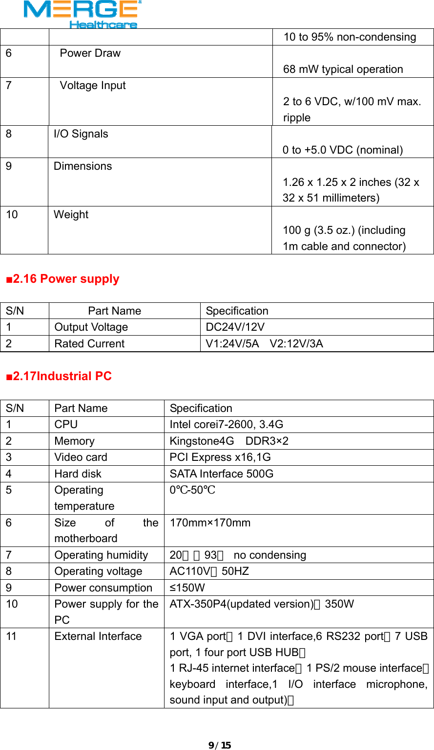 9/1510 to 95% non-condensing  6 Power Draw   68 mW typical operation  7 Voltage Input   2 to 6 VDC, w/100 mV max. ripple   8 I/O Signals   0 to +5.0 VDC (nominal)  9 Dimensions   1.26 x 1.25 x 2 inches (32 x 32 x 51 millimeters)    10 Weight   100 g (3.5 oz.) (including 1m cable and connector)     ■2.16 Power supply  S/N        Part Name  Specification 1 Output Voltage  DC24V/12V 2  Rated Current  V1:24V/5A  V2:12V/3A  ■2.17Industrial PC  S/N Part Name  Specification 1  CPU  Intel corei7-2600, 3.4G 2  Memory  Kingstone4G  DDR3&times;2 3  Video card  PCI Express x16,1G 4  Hard disk  SATA Interface 500G 5 Operating temperature 0℃-50℃ 6  Size of the motherboard 170mm&times;170mm 7 Operating humidity 20％～93％ no condensing 8 Operating voltage AC110V，50HZ 9 Power consumption &le;150W 10  Power supply for the PC ATX-350P4(updated version)，350W 11  External Interface  1 VGA port，1 DVI interface,6 RS232 port，7 USB port, 1 four port USB HUB， 1 RJ-45 internet interface，1 PS/2 mouse interface、keyboard interface,1 I/O interface microphone, sound input and output)。  