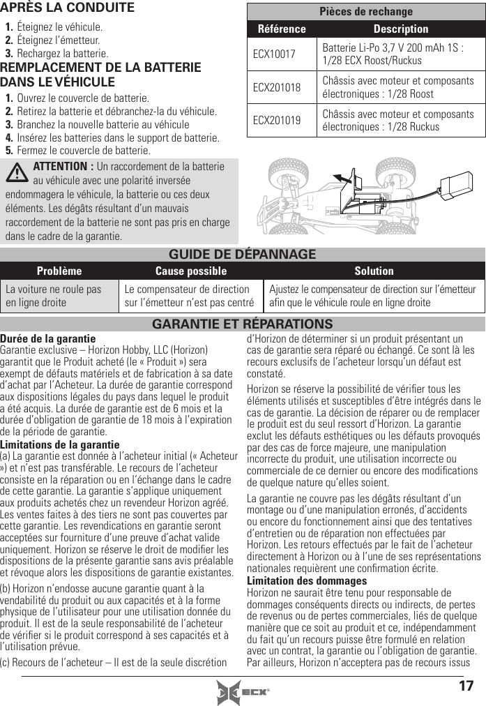 17®GARANTIE ET RÉPARATIONSDurée de la garantieGarantie exclusive – Horizon Hobby, LLC (Horizon) garantit que le Produit acheté (le « Produit ») sera exempt de défauts matériels et de fabrication à sa date d’achat par l’Acheteur. La durée de garantie correspond aux dispositions légales du pays dans lequel le produit a été acquis. La durée de garantie est de 6 mois et la durée d’obligation de garantie de 18 mois à l’expiration de la période de garantie.Limitations de la garantie(a) La garantie est donnée à l’acheteur initial (« Acheteur ») et n’est pas transférable. Le recours de l’acheteur consiste en la réparation ou en l‘échange dans le cadre de cette garantie. La garantie s’applique uniquement aux produits achetés chez un revendeur Horizon agréé. Les ventes faites à des tiers ne sont pas couvertes par cette garantie. Les revendications en garantie seront acceptées sur fourniture d’une preuve d’achat valide uniquement. Horizon se réserve le droit de modiﬁ er les dispositions de la présente garantie sans avis préalable et révoque alors les dispositions de garantie existantes.(b) Horizon n’endosse aucune garantie quant à la vendabilité du produit ou aux capacités et à la forme physique de l’utilisateur pour une utilisation donnée du produit. Il est de la seule responsabilité de l’acheteur de vériﬁ er si le produit correspond à ses capacités et à l’utilisation prévue.(c) Recours de l’acheteur – Il est de la seule discrétion d‘Horizon de déterminer si un produit présentant un cas de garantie sera réparé ou échangé. Ce sont là les recours exclusifs de l’acheteur lorsqu’un défaut est constaté.Horizon se réserve la possibilité de vériﬁ er tous les éléments utilisés et susceptibles d’être intégrés dans le cas de garantie. La décision de réparer ou de remplacer le produit est du seul ressort d’Horizon. La garantie exclut les défauts esthétiques ou les défauts provoqués par des cas de force majeure, une manipulation incorrecte du produit, une utilisation incorrecte ou commerciale de ce dernier ou encore des modiﬁ cations de quelque nature qu’elles soient.La garantie ne couvre pas les dégâts résultant d’un montage ou d’une manipulation erronés, d’accidents ou encore du fonctionnement ainsi que des tentatives d’entretien ou de réparation non effectuées par Horizon. Les retours effectués par le fait de l’acheteur directement à Horizon ou à l’une de ses représentations nationales requièrent une conﬁ rmation écrite.Limitation des dommagesHorizon ne saurait être tenu pour responsable de dommages conséquents directs ou indirects, de pertes de revenus ou de pertes commerciales, liés de quelque manière que ce soit au produit et ce, indépendamment du fait qu’un recours puisse être formulé en relation avec un contrat, la garantie ou l’obligation de garantie. Par ailleurs, Horizon n’acceptera pas de recours issus REMPLACEMENT DE LA BATTERIE DANS LE VÉHICULE1. Ouvrez le couvercle de batterie.2. Retirez la batterie et débranchez-la du véhicule.3. Branchez la nouvelle batterie au véhicule 4. Insérez les batteries dans le support de batterie.5. Fermez le couvercle de batterie.ATTENTION: Un raccordement de la batterie au véhicule avec une polarité inversée endommagera le véhicule, la batterie ou ces deux éléments. Les dégâts résultant d’un mauvais raccordement de la batterie ne sont pas pris en charge dans le cadre de la garantie.Pièces de rechangeRéférence DescriptionECX10017 Batterie Li-Po 3,7V 200mAh 1S: 1/28 ECX Roost/RuckusECX201018 Châssis avec moteur et composants électroniques: 1/28 RoostECX201019 Châssis avec moteur et composants électroniques: 1/28 RuckusProblème Cause possible SolutionLa voiture ne roule pas en ligne droiteLe compensateur de direction sur l’émetteur n’est pas centréAjustez le compensateur de direction sur l’émetteur afin que le véhicule roule en ligne droiteGUIDE DE DÉPANNAGEAPRÈS LA CONDUITE1. Éteignez le véhicule.2. Éteignez l’émetteur.3. Rechargez la batterie.