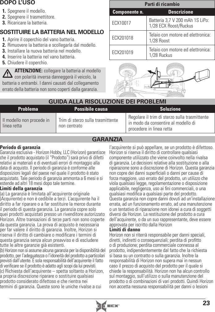 23®GARANZIAPeriodo di garanziaGaranzia esclusiva - Horizon Hobby, LLC (Horizon) garantisce che il prodotto acquistato (il “Prodotto”) sarà privo di difetti relativi ai materiali e di eventuali errori di montaggio alla data di acquisto. Il periodo di garanzia è conforme alle disposizioni legali del paese nel quale il prodotto è stato acquistato. Tale periodo di garanzia ammonta a 6 mesi e si estende ad altri 18 mesi dopo tale termine.Limiti della garanzia(a) La garanzia è limitata all’acquirente originale (Acquirente) e non è cedibile a terzi. L’acquirente ha il diritto a far riparare o a far sostituire la merce durante il periodo di questa garanzia. La garanzia copre solo quei prodotti acquistati presso un rivenditore autorizzato Horizon. Altre transazioni di terze parti non sono coperte da questa garanzia. La prova di acquisto è necessaria per far valere il diritto di garanzia. Inoltre, Horizon si riserva il diritto di cambiare o modiﬁ care i termini di questa garanzia senza alcun preavviso e di escludere tutte le altre garanzie già esistenti.(b) Horizon non si assume alcuna garanzia per la disponibilità del prodotto, per l’adeguatezza o l’idoneità del prodotto a particolari previsti dall’utente. È sola responsabilità dell’acquirente il fatto di veriﬁ care se il prodotto è adatto agli scopi da lui previsti.(c) Richiesta dell’acquirente – spetta soltanto a Horizon, a propria discrezione riparare o sostituire qualsiasi prodotto considerato difettoso e che rientra nei termini di garanzia. Queste sono le uniche rivalse a cui l’acquirente si può appellare, se un prodotto è difettoso.Horizon si riserva il diritto di controllare qualsiasi componente utilizzato che viene coinvolto nella rivalsa di garanzia. Le decisioni relative alla sostituzione o alla riparazione sono a discrezione di Horizon. Questa garanzia non copre dei danni superﬁ ciali o danni per cause di forza maggiore, uso errato del prodotto, un utilizzo che viola qualsiasi legge, regolamentazione o disposizione applicabile, negligenza, uso ai ﬁ ni commerciali, o una qualsiasi modiﬁ ca a qualsiasi parte del prodotto.Questa garanzia non copre danni dovuti ad un’installazione errata, ad un funzionamento errato, ad una manutenzione o un tentativo di riparazione non idonei a cura di soggetti diversi da Horizon. La restituzione del prodotto a cura dell’acquirente, o da un suo rappresentante, deve essere approvata per iscritto dalla HorizonLimiti di dannoHorizon non si riterrà responsabile per danni speciali, diretti, indiretti o consequenziali; perdita di proﬁ tto o di produzione; perdita commerciale connessa al prodotto, indipendentemente dal fatto che la richiesta si basa su un contratto o sulla garanzia. Inoltre la responsabilità di Horizon non supera mai in nessun caso il prezzo di acquisto del prodotto per il quale si chiede la responsabilità. Horizon non ha alcun controllo sul montaggio, sull’utilizzo o sulla manutenzione del prodotto o di combinazioni di vari prodotti. Quindi Horizon non accetta nessuna responsabilità per danni o lesioni DOPO L’USO1. Spegnere il modello.2. Spegnere il trasmettitore.3. Ricaricare la batteria.SOSTITUIRE LA BATTERIA NEL MODELLO1. Aprire il coperchio del vano batteria.2. Rimuovere la batteria e scollegarla dal modello.3. Installare la nuova batteria nel modello. 4. Inserire la batteria nel vano batteria.5. Chiudere il coperchio.ATTENZIONE: collegare la batteria al modello con polarità inversa danneggerà il veicolo, la batteria o entrambi. I danni causati dal collegamento errato della batteria non sono coperti dalla garanzia.Parti di ricambioComponente n. DescrizioneECX10017 Batteria 3,7 V 200 mAh 1S LiPo: 1/28 ECX Roost/RuckusECX201018 Telaio con motore ed elettronica: 1/28 RoostECX201019 Telaio con motore ed elettronica: 1/28 RuckusProblema Possibile causa SoluzioneIl modello non procede in linea rettaTrim di sterzo sulla trasmittente non centratoRegolare il trim di sterzo sulla trasmittente in modo da consentire al modello di procedere in linea rettaGUIDA ALLA RISOLUZIONE DEI PROBLEMI