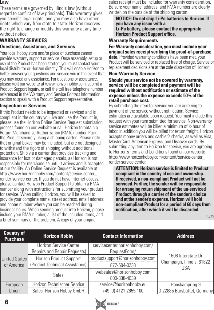 6®LawThese terms are governed by Illinois law (without regard to conﬂ ict of law principals). This warranty gives you speciﬁ c legal rights, and you may also have other rights which vary from state to state. Horizon reserves the right to change or modify this warranty at any time without notice.WARRANTY SERVICESQuestions, Assistance, and ServicesYour local hobby store and/or place of purchase cannot provide warranty support or service. Once assembly, setup or use of the Product has been started, you must contact your local distributor or Horizon directly. This will enable Horizon to better answer your questions and service you in the event that you may need any assistance. For questions or assistance, please visit our website at www.horizonhobby.com, submit a Product Support Inquiry, or call the toll free telephone number referenced in the Warranty and Service Contact Information section to speak with a Product Support representative. Inspection or ServicesIf this Product needs to be inspected or serviced and is compliant in the country you live and use the Product in, please use the Horizon Online Service Request submission process found on our website or call Horizon to obtain a Return Merchandise Authorization (RMA) number. Pack the Product securely using a shipping carton. Please note that original boxes may be included, but are not designed to withstand the rigors of shipping without additional protection. Ship via a carrier that provides tracking and insurance for lost or damaged parcels, as Horizon is not responsible for merchandise until it arrives and is accepted at our facility. An Online Service Request is available at http://www.horizonhobby.com/content/service-center_render-service-center. If you do not have internet access, please contact Horizon Product Support to obtain a RMA number along with instructions for submitting your product for service. When calling Horizon, you will be asked to provide your complete name, street address, email address and phone number where you can be reached during business hours. When sending product into Horizon, please include your RMA number, a list of the included items, and a brief summary of the problem. A copy of your original sales receipt must be included for warranty consideration. Be sure your name, address, and RMA number are clearly written on the outside of the shipping carton.NOTICE: Do not ship Li-Po batteries to Horizon. If you have any issue with a Li-Po battery, please contact the appropriate Horizon Product Support ofﬁ ce.Warranty Requirements For Warranty consideration, you must include your original sales receipt verifying the proof-of-purchase date. Provided warranty conditions have been met, your Product will be serviced or replaced free of charge. Service or replacement decisions are at the sole discretion of Horizon.Non-Warranty ServiceShould your service not be covered by warranty, service will be completed and payment will be required without notiﬁ cation or estimate of the expense unless the expense exceeds 50% of the retail purchase cost. By submitting the item for service you are agreeing to payment of the service without notiﬁ cation. Service estimates are available upon request. You must include this request with your item submitted for service. Non-warranty service estimates will be billed a minimum of ½ hour of labor. In addition you will be billed for return freight. Horizon accepts money orders and cashier’s checks, as well as Visa, MasterCard, American Express, and Discover cards. By submitting any item to Horizon for service, you are agreeing to Horizon’s Terms and Conditions found on our website http://www.horizonhobby.com/content/service-center_render-service-center. ATTENTION: Horizon service is limited to Product compliant in the country of use and ownership. If received, a non-compliant Product will not be serviced. Further, the sender will be responsible for arranging return shipment of the un-serviced Product, through a carrier of the sender’s choice and at the sender’s expense. Horizon will hold non-compliant Product for a period of 60 days from notiﬁ cation, after which it will be discarded.10/15Country of Purchase Horizon Hobby Contact Information AddressUnited States of AmericaHorizon Service Center(Repairs and Repair Requests) servicecenter.horizonhobby.com/RequestForm/ 1608 Interstate Dr Champaign, Illinois, 61822 USAHorizon Product Support(Product Technical Assistance)productsupport@horizonhobby.com877-504-0233Sales websales@horizonhobby.com800-338-4639European UnionHorizon Technischer Service service@horizonhobby.eu Hanskampring 9 D 22885 Barsbüttel, GermanySales: Horizon Hobby GmbH +49 (0) 4121 2655 100