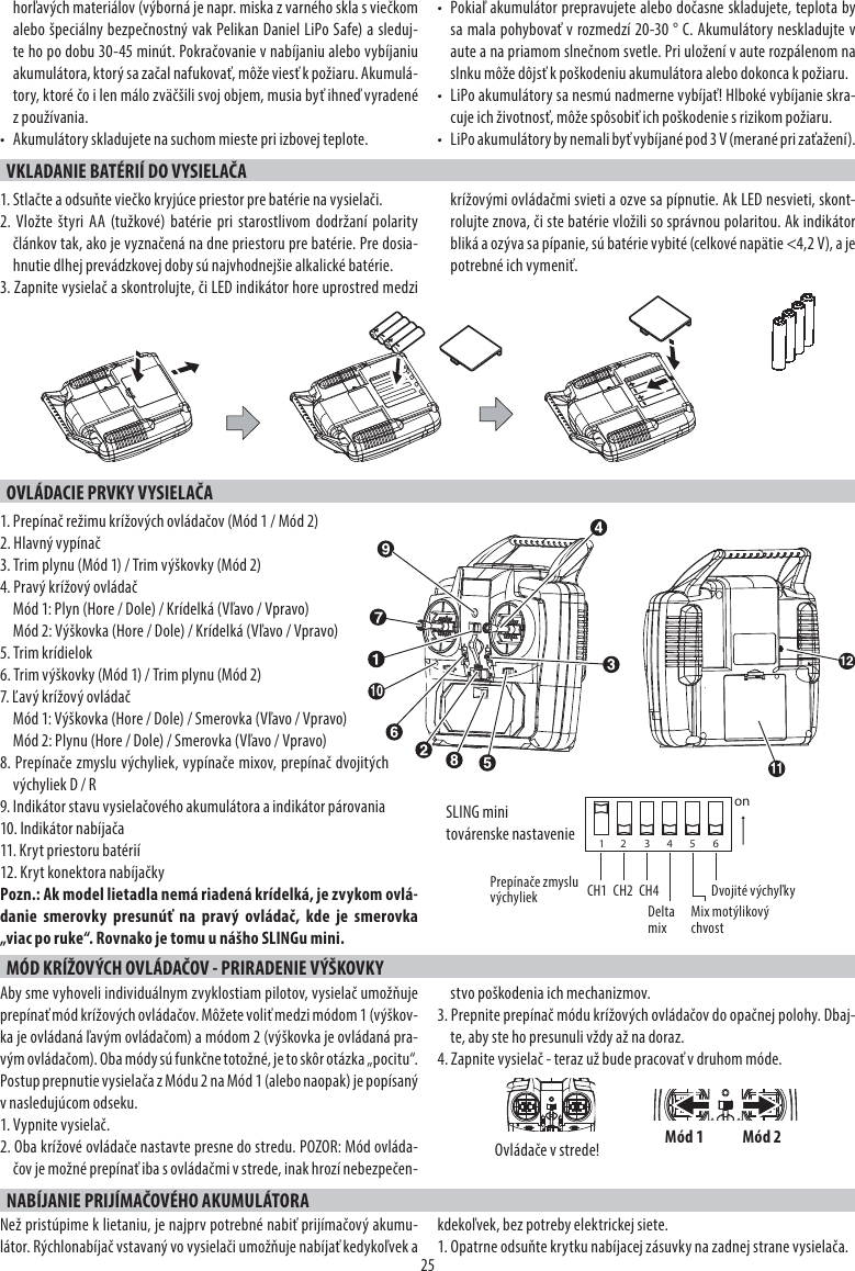 25horľavých materiálov (výborná je napr. miska z varného skla s viečkom alebo špeciálny bezpečnostný vak Pelikan Daniel LiPo Safe) a sleduj-te ho po dobu 30-45 minút. Pokračovanie v nabíjaniu alebo vybíjaniu akumulátora, ktorý sa začal nafukovať, môže viesť k požiaru. Akumulá-tory, ktoré čo i len málo zväčšili svoj objem, musia byť ihneď vyradené z používania.•  Akumulátory skladujete na suchom mieste pri izbovej teplote.•  Pokiaľ akumulátor prepravujete alebo dočasne skladujete, teplota by sa mala pohybovať v rozmedzí 20-30 ° C. Akumulátory neskladujte v aute a na priamom slnečnom svetle. Pri uložení v aute rozpálenom na slnku môže dôjsť k poškodeniu akumulátora alebo dokonca k požiaru.•  LiPo akumulátory sa nesmú nadmerne vybíjať! Hlboké vybíjanie skra-cuje ich životnosť, môže spôsobiť ich poškodenie s rizikom požiaru.•  LiPo akumulátory by nemali byť vybíjané pod 3 V (merané pri zaťažení).VKLADANIE BATÉRIÍ DO VYSIELAČA1. Stlačte a odsuňte viečko kryjúce priestor pre batérie na vysielači.2. Vložte štyri AA (tužkové) batérie pri starostlivom dodržaní polarity článkov tak, ako je vyznačená na dne priestoru pre batérie. Pre dosia-hnutie dlhej prevádzkovej doby sú najvhodnejšie alkalické batérie.3. Zapnite vysielač a skontrolujte, či LED indikátor hore uprostred medzi krížovými ovládačmi svieti a ozve sa pípnutie. Ak LED nesvieti, skont-rolujte znova, či ste batérie vložili so správnou polaritou. Ak indikátor bliká a ozýva sa pípanie, sú batérie vybité (celkové napätie &lt;4,2 V), a je potrebné ich vymeniť.OVLÁDACIE PRVKY VYSIELAČA1. Prepínač režimu krížových ovládačov (Mód 1 / Mód 2)2. Hlavný vypínač3. Trim plynu (Mód 1) / Trim výškovky (Mód 2)4. Pravý krížový ovládačMód 1: Plyn (Hore / Dole) / Krídelká (Vľavo / Vpravo)Mód 2: Výškovka (Hore / Dole) / Krídelká (Vľavo / Vpravo)5. Trim krídielok6. Trim výškovky (Mód 1) / Trim plynu (Mód 2)7. Ľavý krížový ovládačMód 1: Výškovka (Hore / Dole) / Smerovka (Vľavo / Vpravo)Mód 2: Plynu (Hore / Dole) / Smerovka (Vľavo / Vpravo)8. Prepínače zmyslu výchyliek, vypínače mixov, prepínač dvojitých výchyliek D / R9. Indikátor stavu vysielačového akumulátora a indikátor párovania10. Indikátor nabíjača11. Kryt priestoru batérií12. Kryt konektora nabíjačkyPozn.: Ak model lietadla nemá riadená krídelká, je zvykom ovlá-danie smerovky presunúť na pravý ovládač, kde je smerovka „viac po ruke“. Rovnako je tomu u nášho SLINGu mini.MÓD KRÍŽOVÝCH OVLÁDAČOV - PRIRADENIE VÝŠKOVKYAby sme vyhoveli individuálnym zvyklostiam pilotov, vysielač umožňuje prepínať mód krížových ovládačov. Môžete voliť medzi módom 1 (výškov-ka je ovládaná ľavým ovládačom) a módom 2 (výškovka je ovládaná pra-vým ovládačom). Oba módy sú funkčne totožné, je to skôr otázka „pocitu“. Postup prepnutie vysielača z Módu 2 na Mód 1 (alebo naopak) je popísaný v nasledujúcom odseku.1. Vypnite vysielač.2. Oba krížové ovládače nastavte presne do stredu. POZOR: Mód ovláda-čov je možné prepínať iba s ovládačmi v strede, inak hrozí nebezpečen-stvo poškodenia ich mechanizmov.3. Prepnite prepínač módu krížových ovládačov do opačnej polohy. Dbaj-te, aby ste ho presunuli vždy až na doraz.4. Zapnite vysielač - teraz už bude pracovať v druhom móde.NABÍJANIE PRIJÍMAČOVÉHO AKUMULÁTORANež pristúpime k lietaniu, je najprv potrebné nabiť prijímačový akumu-látor. Rýchlonabíjač vstavaný vo vysielači umožňuje nabíjať kedykoľvek a kdekoľvek, bez potreby elektrickej siete.1. Opatrne odsuňte krytku nabíjacej zásuvky na zadnej strane vysielača.on12 345 6SLING mini továrenske nastavenieCH1 CH2 CH4Prepínače zmyslu výchyliek Delta mix Mix motýlikový chvostDvojité výchyľkyMód 1 Mód 2Ovládače v strede!