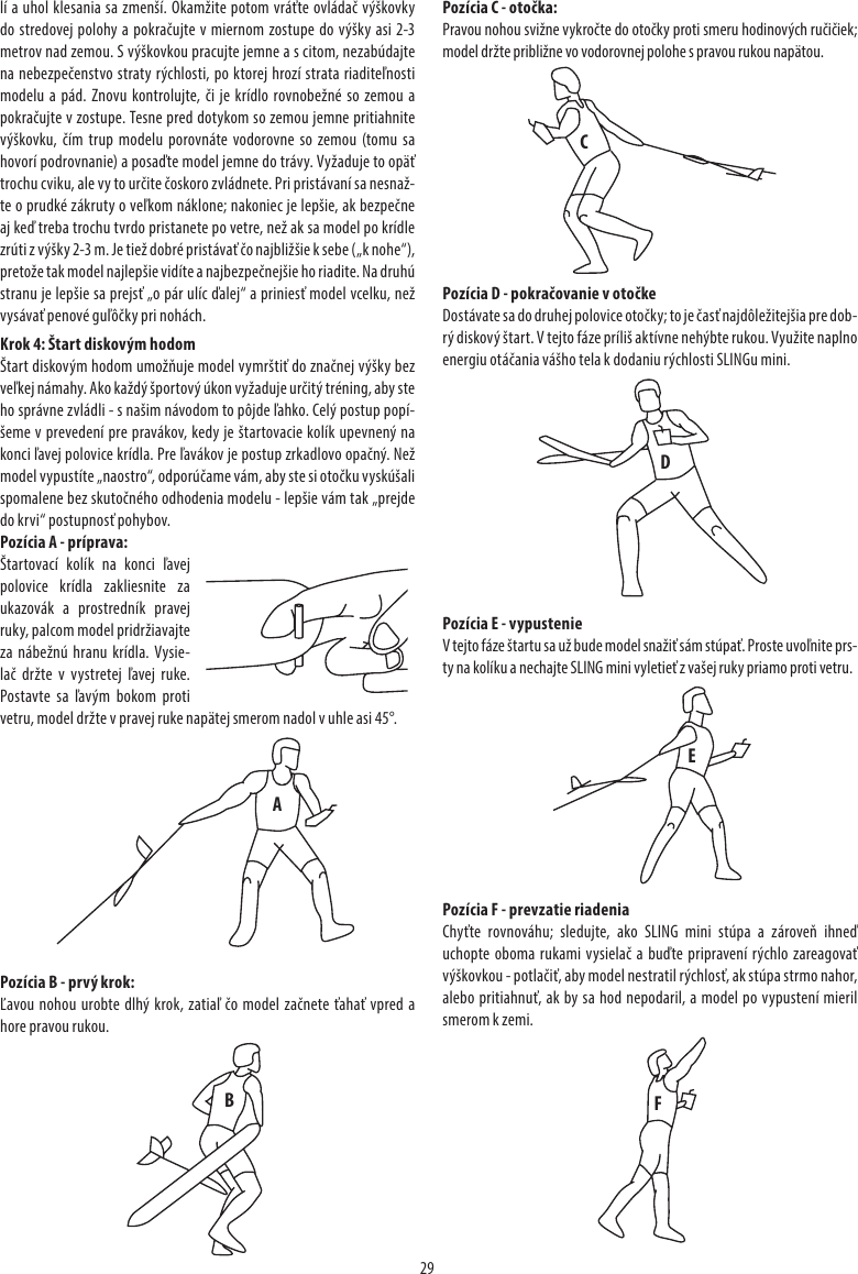 29ABCDEFlí a uhol klesania sa zmenší. Okamžite potom vráťte ovládač výškovky do stredovej polohy a pokračujte v miernom zostupe do výšky asi 2-3 metrov nad zemou. S výškovkou pracujte jemne a s citom, nezabúdajte na nebezpečenstvo straty rýchlosti, po ktorej hrozí strata riaditeľnosti modelu a pád. Znovu kontrolujte, či je krídlo rovnobežné so zemou a pokračujte v zostupe. Tesne pred dotykom so zemou jemne pritiahnite výškovku, čím trup modelu porovnáte vodorovne so zemou (tomu sa hovorí podrovnanie) a posaďte model jemne do trávy. Vyžaduje to opäť trochu cviku, ale vy to určite čoskoro zvládnete. Pri pristávaní sa nesnaž-te o prudké zákruty o veľkom náklone; nakoniec je lepšie, ak bezpečne aj keď treba trochu tvrdo pristanete po vetre, než ak sa model po krídle zrúti z výšky 2-3 m. Je tiež dobré pristávať čo najbližšie k sebe („k nohe“), pretože tak model najlepšie vidíte a najbezpečnejšie ho riadite. Na druhú stranu je lepšie sa prejsť „o pár ulíc ďalej“ a priniesť model vcelku, než vysávať penové guľôčky pri nohách.Krok 4: Štart diskovým hodomŠtart diskovým hodom umožňuje model vymrštiť do značnej výšky bez veľkej námahy. Ako každý športový úkon vyžaduje určitý tréning, aby ste ho správne zvládli - s našim návodom to pôjde ľahko. Celý postup popí-šeme v prevedení pre pravákov, kedy je štartovacie kolík upevnený na konci ľavej polovice krídla. Pre ľavákov je postup zrkadlovo opačný. Než model vypustíte „naostro“, odporúčame vám, aby ste si otočku vyskúšali spomalene bez skutočného odhodenia modelu - lepšie vám tak „prejde do krvi“ postupnosť pohybov.Pozícia A - príprava:Štartovací kolík na konci ľavej polovice krídla zakliesnite za ukazovák a prostredník pravej ruky, palcom model pridržiavajte za nábežnú hranu krídla. Vysie-lač držte v vystretej ľavej ruke. Postavte sa ľavým bokom proti vetru, model držte v pravej ruke napätej smerom nadol v uhle asi 45°.Pozícia B - prvý krok:Ľavou nohou urobte dlhý krok, zatiaľ čo model začnete ťahať vpred a hore pravou rukou.Pozícia C - otočka:Pravou nohou svižne vykročte do otočky proti smeru hodinových ručičiek; model držte približne vo vodorovnej polohe s pravou rukou napätou.Pozícia D - pokračovanie v otočkeDostávate sa do druhej polovice otočky; to je časť najdôležitejšia pre dob-rý diskový štart. V tejto fáze príliš aktívne nehýbte rukou. Využite naplno energiu otáčania vášho tela k dodaniu rýchlosti SLINGu mini.Pozícia E - vypustenieV tejto fáze štartu sa už bude model snažiť sám stúpať. Proste uvoľnite prs-ty na kolíku a nechajte SLING mini vyletieť z vašej ruky priamo proti vetru.Pozícia F - prevzatie riadeniaChyťte rovnováhu; sledujte, ako SLING mini stúpa a zároveň ihneď uchopte oboma rukami vysielač a buďte pripravení rýchlo zareagovať výškovkou - potlačiť, aby model nestratil rýchlosť, ak stúpa strmo nahor, alebo pritiahnuť, ak by sa hod nepodaril, a model po vypustení mieril smerom k zemi.