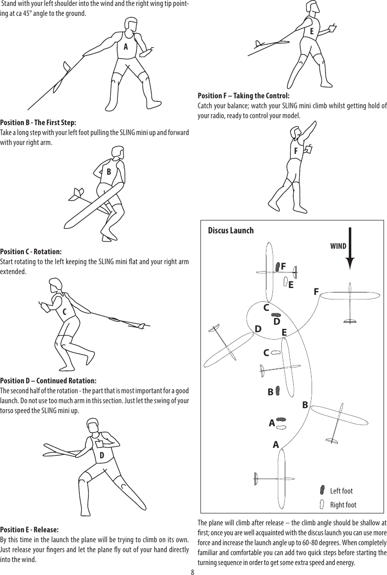 8 Stand with your left shoulder into the wind and the right wing tip point-ing at ca 45° angle to the ground.Position B - The First Step:Take a long step with your left foot pulling the SLING mini up and forward with your right arm.Position C - Rotation:Start rotating to the left keeping the SLING mini at and your right arm extended.Position D – Continued Rotation:The second half of the rotation - the part that is most important for a good launch. Do not use too much arm in this section. Just let the swing of your torso speed the SLING mini up.Position E - Release:By this time in the launch the plane will be trying to climb on its own. Just release your ngers and let the plane y out of your hand directly into the wind.Position F – Taking the Control:Catch your balance; watch your SLING mini climb whilst getting hold of your radio, ready to control your model. The plane will climb after release – the climb angle should be shallow at rst; once you are well acquainted with the discus launch you can use more force and increase the launch angle up to 60-80 degrees. When completely familiar and comfortable you can add two quick steps before starting the turning sequence in order to get some extra speed and energy.ADBECFBCDFEWINDLeft footRight footABCDEFDiscus Launch