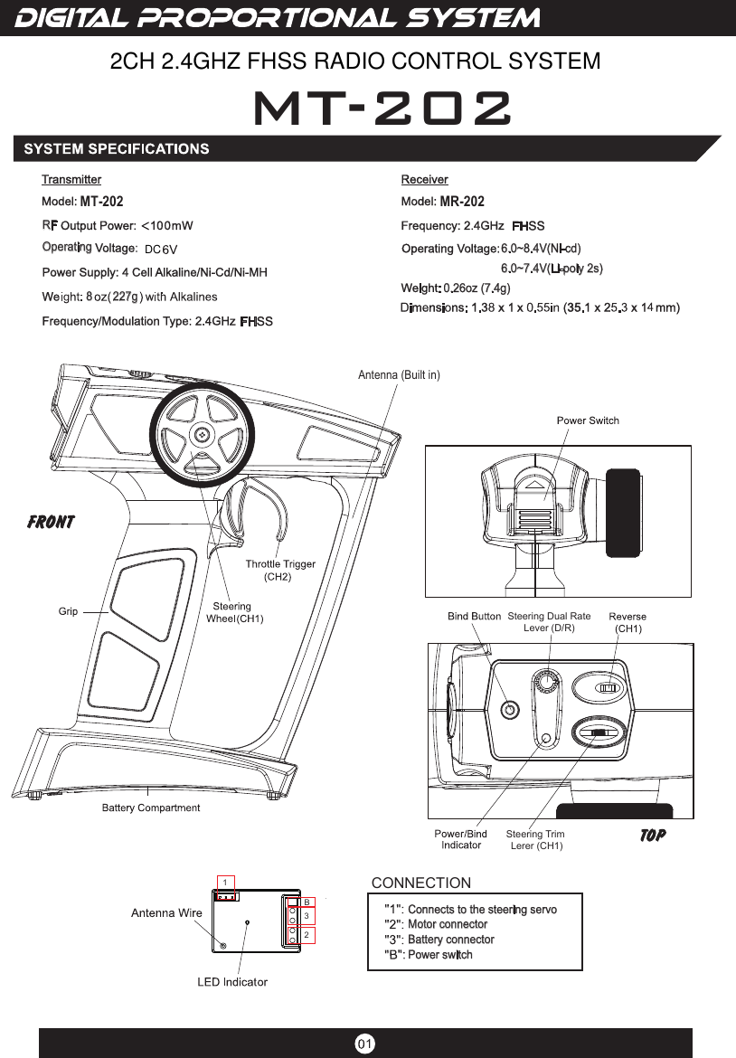 1123BSteering Dual RateLever (D/R)Steering Trim Lerer (CH1)Connects to the steering servoMotor connectorBattery connectorPower switchCONNECTIONMT-202MT-202227gOperatingRF6.0~8.4V(Ni-cd)Antenna (Built in)6.0~7.4V(Li-poly 2s)0.26oz (7.4g)8MR-2022CH 2.4GHZ FHSS RADIO CONTROL SYSTEMDC