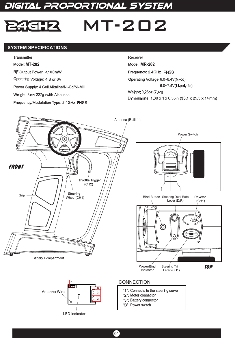 1123BSteering Dual RateLever (D/R)Steering Trim Lerer (CH1)Connects to the steering servoMotor connectorBattery connectorPower switchCONNECTIONMT-202MT-202227gOperatingRF6.0~8.4V(Ni-cd)Antenna (Built in)6.0~7.4V(Li-poly 2s)0.26oz (7.4g)8MR-202