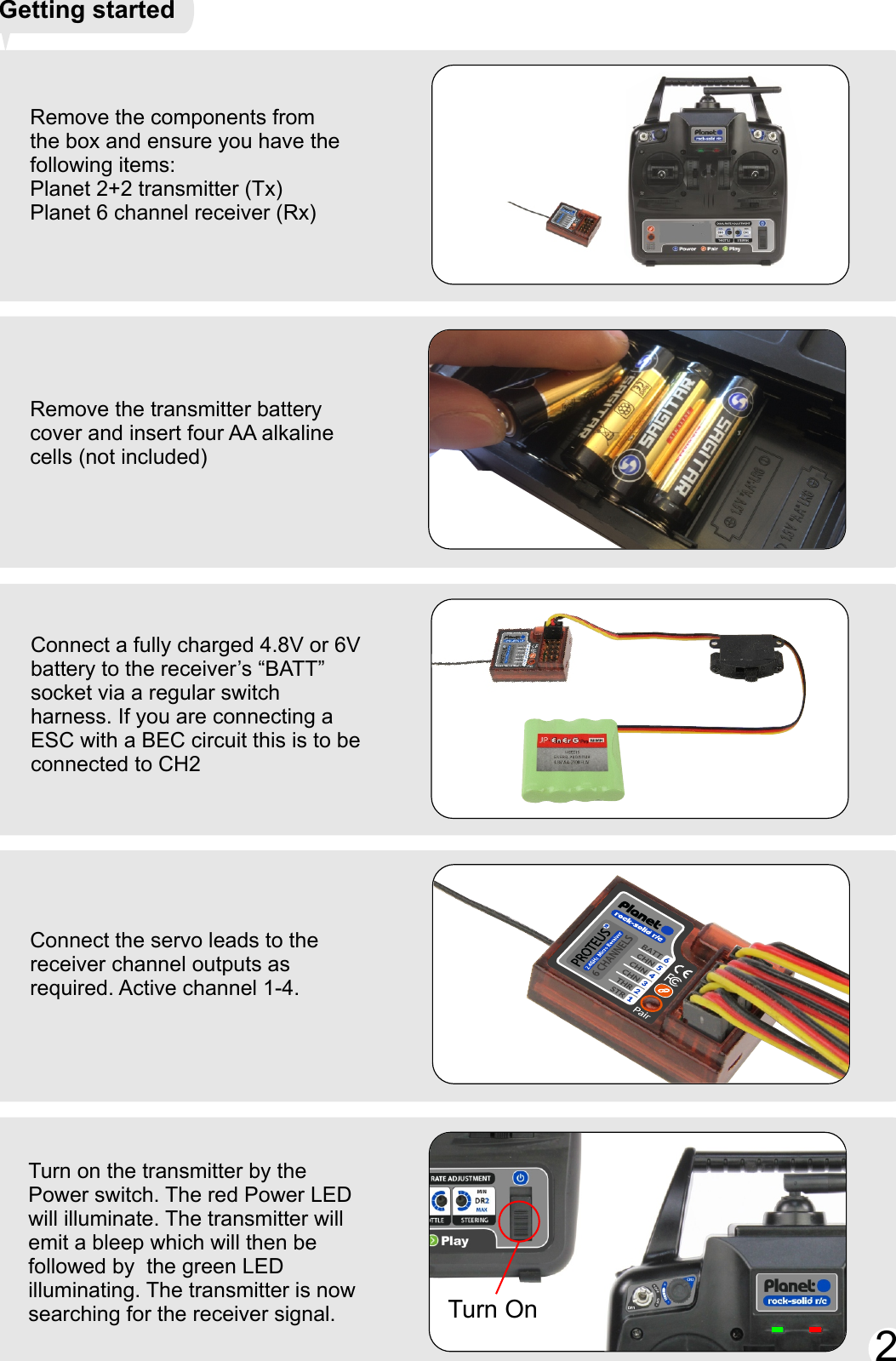 Remove the components fromthe box and ensure you have thefollowing items:Planet 2+2 transmitter (Tx)Planet 6 channel receiver (Rx)Remove the transmitter batterycover and insert four AA alkalinecells (not included)Connect a fully charged 4.8V or 6Vbattery to the receiver’s “BATT” socket via a regular switch harness. If you are connecting a ESC with a BEC circuit this is to be connected to CH2Connect the servo leads to the receiver channel outputs as required. Active channel 1-4.Turn on the transmitter by the Power switch. The red Power LED will illuminate. The transmitter will emit a bleep which will then be followed by  the green LED illuminating. The transmitter is now searching for the receiver signal. Getting startedTurn On22