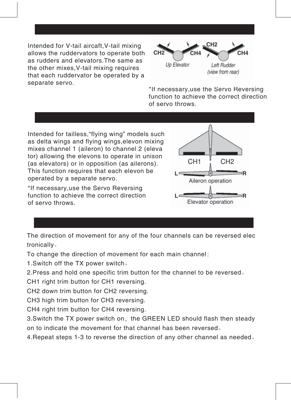Intended for V-tail aircaft,V-tail mixingallows the ruddervators to operate bothas rudders and elevators.The same asthe other mixes,V-tail mixing requiresthat each ruddervator be operated by aseparate servo.*If necessary,use the Servo Reversingfunction to achieve the correct directionof servo throws.*If necessary,use the Servo Reversingfunction to achieve the correct directionof servo throws.V-tail MixingIntended for tailless,“flying wing” models suchas delta wings and flying wings,elevon mixingmixes channel 1 (aileron) to channel 2 (elevator) allowing the elevons to operate in unison(as elevators) or in opposition (as ailerons).This function requires that each elevon beoperated by a separate servo.Delta Wing MixingCH1 CH2The direction of movement for any of the four channels can be reversed electronically。To change the direction of movement for each main channel：1.Switch off the TX power switch。2.Press and hold one specific trim button for the channel to be reversed。CH1 right trim button for CH1 reversing.CH2 down trim button for CH2 reversing.CH3 high trim button for CH3 reversing.CH4 right trim button for CH4 reversing.3.Switch the TX power switch on，the GREEN LED should flash then steady on to indicate the movement for that channel has been reversed。 4.Repeat steps 1-3 to reverse the direction of any other channel as needed。SERVO REVERSING