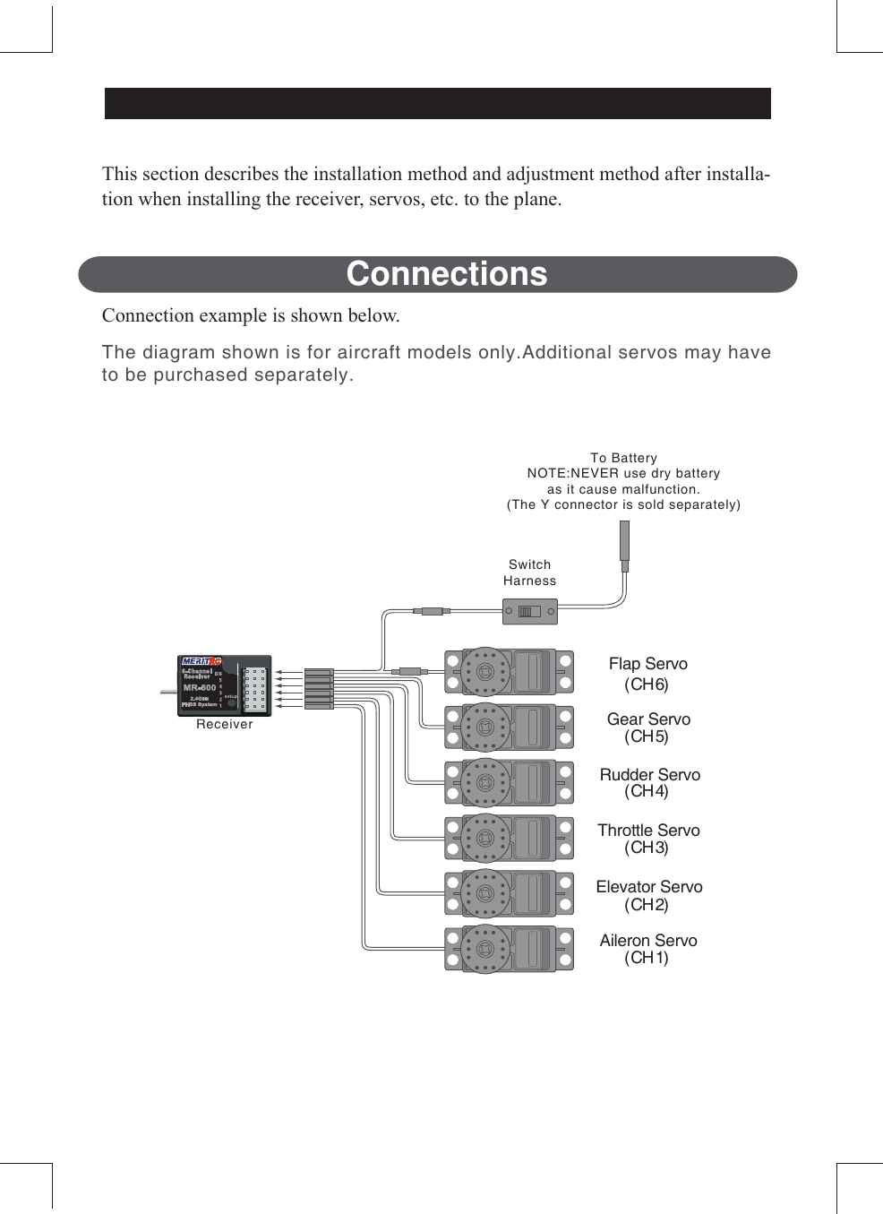7KLV VHFWLRQ GHVFULEHV WKH LQVWDOODWLRQ PHWKRG DQG DGMXVWPHQW PHWKRG DIWHU LQVWDOODWLRQ ZKHQ LQVWDOOLQJ WKH UHFHLYHU VHUYRV HWF WR WKH SODQHConnections&amp;RQQHFWLRQ H[DPSOH LV VKRZQ EHORZ(CH1)(CH2)(CH3)(CH4)(CH5)Flap Servo Gear Servo Rudder Servo Throttle Servo Elevator Servo Aileron Servo (CH6)ReceiverSwitchHarnessTo BatteryNOTE:NEVER use dry batteryas it cause malfunction.(The Y connector is sold separately)The diagram shown is for aircraft models only.Additional servos may have to be purchased separately.ADJUSTMENT AND INSTALLATION