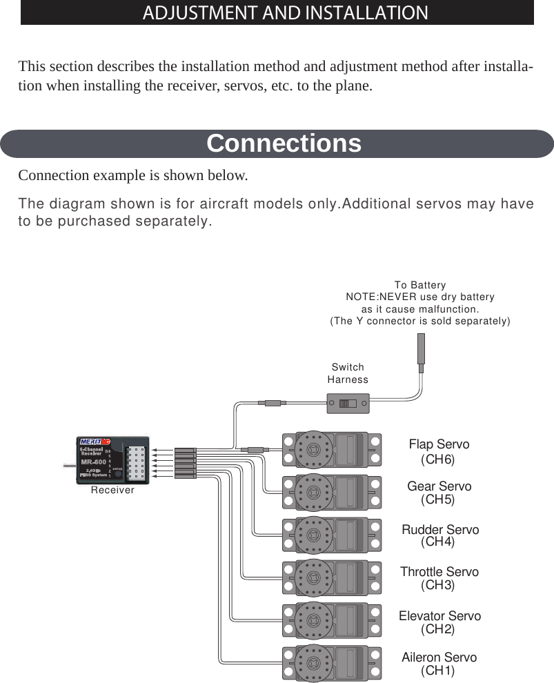 This section describes the installation method and adjustment method after installa-tion when installing the receiver, servos, etc. to the plane.ConnectionsConnection example is shown below.(CH1)(CH2)(CH3)(CH4)(CH5)Flap Servo Gear Servo Rudder Servo Throttle Servo Elevator Servo Aileron Servo (CH6)ReceiverSwitchHarnessTo BatteryNOTE:NEVER use dry batteryas it cause malfunction.(The Y connector is sold separately)The diagram shown is for aircraft models only.Additional servos may have to be purchased separately.ADJUSTMENT AND INSTALLATION