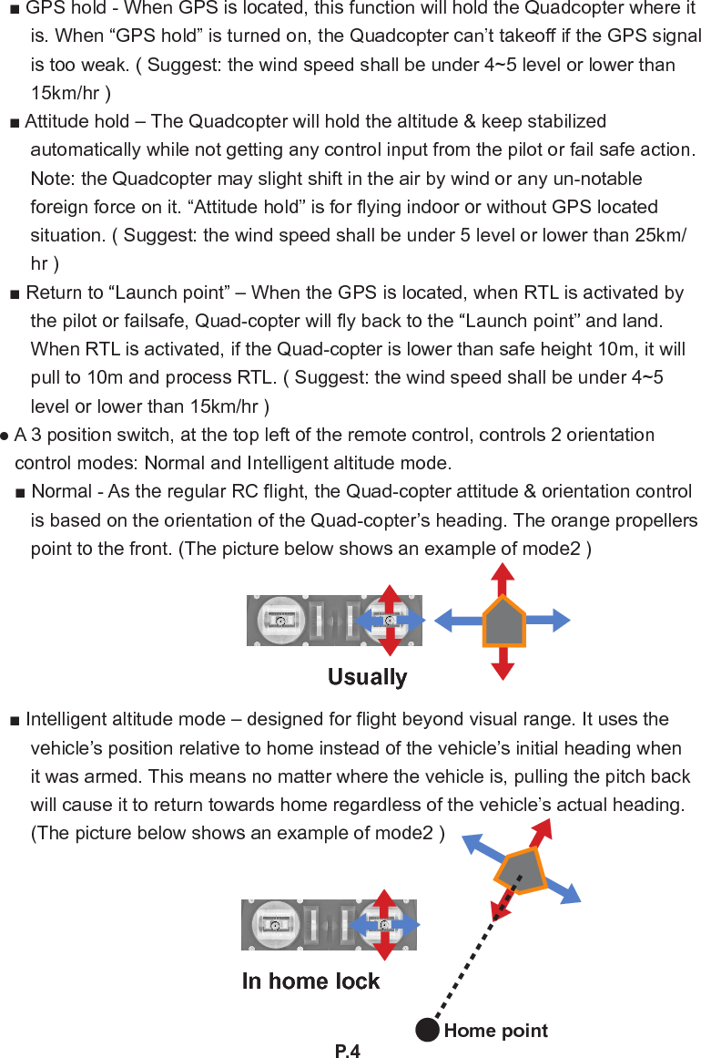 P.4■ GPS hold - When GPS is located, this function will hold the Quadcopter where it is. When “GPS hold” is turned on, the Quadcopter can’t takeoff if the GPS signal is too weak. ( Suggest: the wind speed shall be under 4~5 level or lower than 15km/hr )■ Attitude hold – The Quadcopter will hold the altitude &amp; keep stabilized automatically while not getting any control input from the pilot or fail safe action. Note: the Quadcopter may slight shift in the air by wind or any un-notable foreign force on it. “Attitude hold” is for ying indoor or without GPS located situation. ( Suggest: the wind speed shall be under 5 level or lower than 25km/hr )■ Return to “Launch point” – When the GPS is located, when RTL is activated by the pilot or failsafe, Quad-copter will y back to the “Launch point” and land. When RTL is activated, if the Quad-copter is lower than safe height 10m, it will pull to 10m and process RTL. ( Suggest: the wind speed shall be under 4~5 level or lower than 15km/hr )● A 3 position switch, at the top left of the remote control, controls 2 orientation control modes: Normal and Intelligent altitude mode.■ Normal - As the regular RC ight, the Quad-copter attitude &amp; orientation control is based on the orientation of the Quad-copter’s heading. The orange propellers point to the front. (The picture below shows an example of mode2 )■ Intelligent altitude mode – designed for ight beyond visual range. It uses the vehicle’s position relative to home instead of the vehicle’s initial heading when it was armed. This means no matter where the vehicle is, pulling the pitch back will cause it to return towards home regardless of the vehicle’s actual heading. (The picture below shows an example of mode2 )UsuallyIn home lockHome point