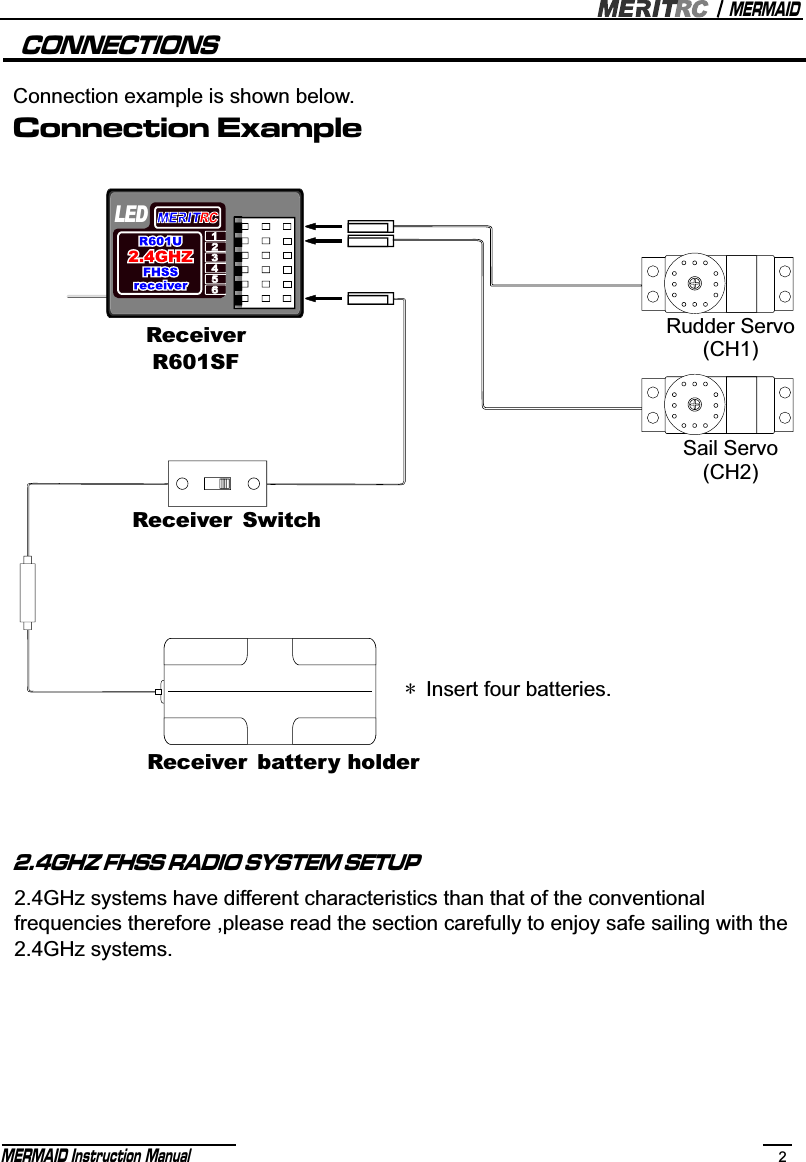 MERMAIDMERMAID Instruction Manual 2CONNECTIONSConnection example is shown below.Connection Example2.4GHz systems have different characteristics than that of the conventional frequencies therefore ,please read the section carefully to enjoy safe sailing with the 2.4GHz systems.2.4GHZ FHSS RADIO SYSTEM SETUPLEDReceiverR601SFReceiver Switch* Insert four batteries.Receiver battery holderRudder Servo(CH1)Sail Servo(CH2)