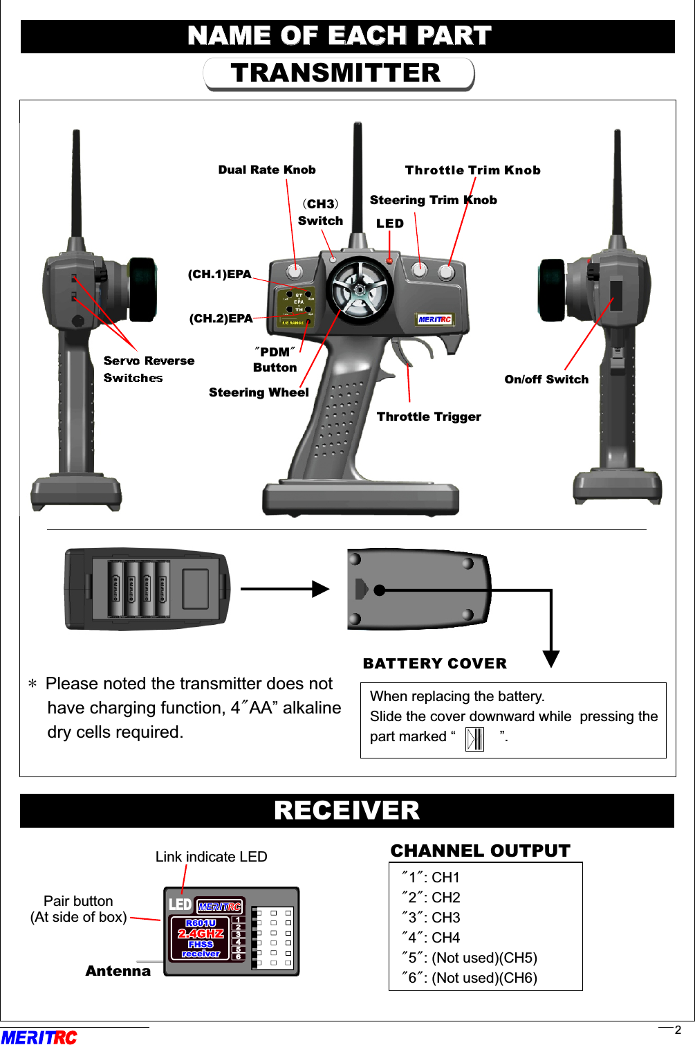 NAME OF EACH PARTNAME OF EACH PARTTRANSMITTERBATTERY COVERWhen replacing the battery.Slide the cover downward while  pressing the part marked “           ”.Servo Reverse SwitchesOn/off SwitchRRRECEIVERLEDLink indicate LEDPair button(At side of box)AntennaCHANNEL OUTPUT&quot;1&quot;: CH1&quot;2&quot;: CH2&quot;3&quot;: CH3&quot;4&quot;: CH4&quot;5&quot;: (Not used)(CH5)&quot;6&quot;: (Not used)(CH6)* Please noted the transmitter does not     have charging function, 4&quot;AA” alkaline     dry cells required.                              ..2Throttle Trim Knob  (CH3)Switch&quot;PDM&quot;ButtonSteering WheelThrottle TriggerLED Dual Rate KnobSteering Trim Knob(CH.1)EPA(CH.2)EPA