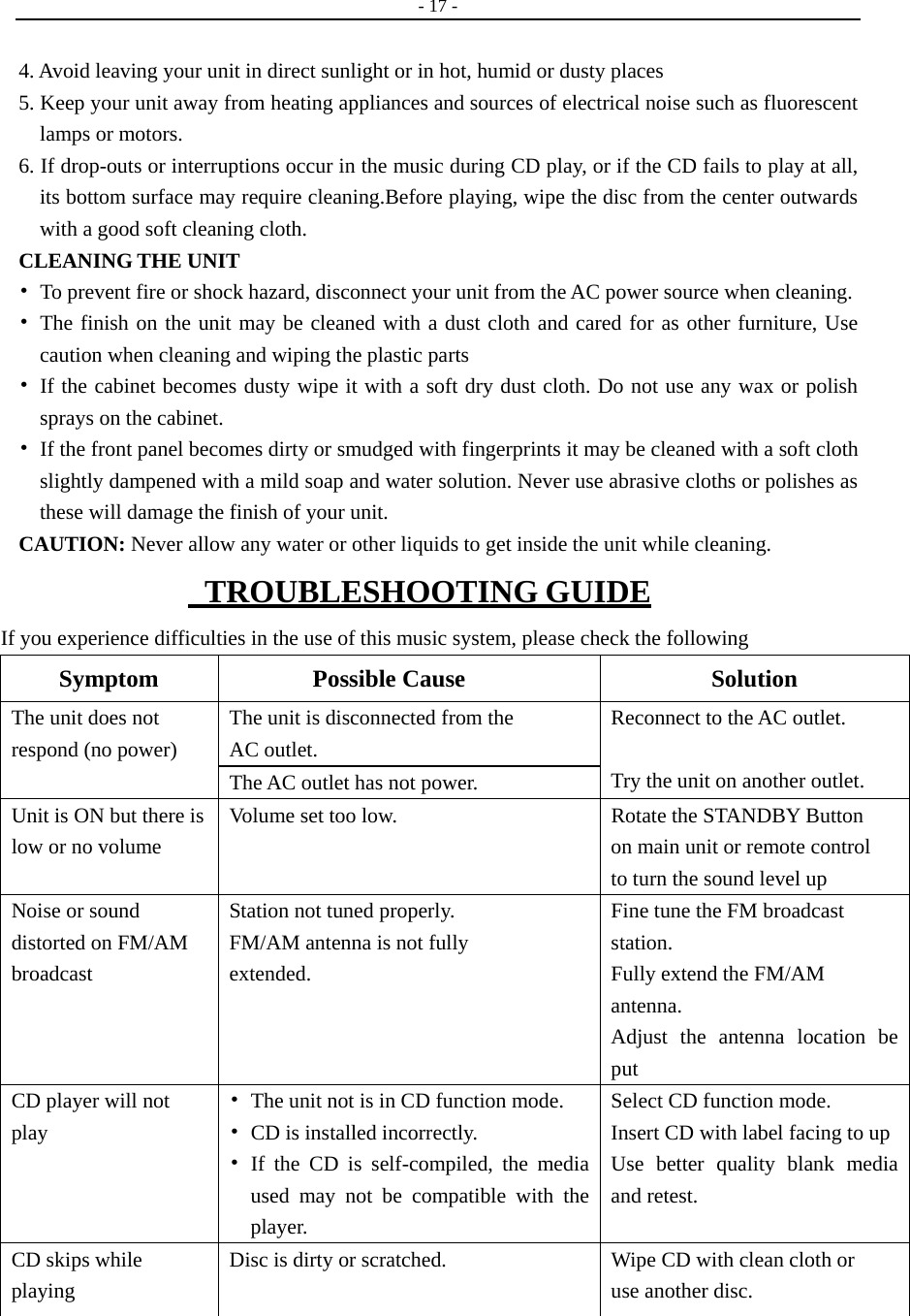   - 17 -   4. Avoid leaving your unit in direct sunlight or in hot, humid or dusty places 5. Keep your unit away from heating appliances and sources of electrical noise such as fluorescent lamps or motors. 6. If drop-outs or interruptions occur in the music during CD play, or if the CD fails to play at all, its bottom surface may require cleaning.Before playing, wipe the disc from the center outwards with a good soft cleaning cloth. CLEANING THE UNIT   •  To prevent fire or shock hazard, disconnect your unit from the AC power source when cleaning. • The finish on the unit may be cleaned with a dust cloth and cared for as other furniture, Use caution when cleaning and wiping the plastic parts • If the cabinet becomes dusty wipe it with a soft dry dust cloth. Do not use any wax or polish sprays on the cabinet. •  If the front panel becomes dirty or smudged with fingerprints it may be cleaned with a soft cloth slightly dampened with a mild soap and water solution. Never use abrasive cloths or polishes as these will damage the finish of your unit. CAUTION: Never allow any water or other liquids to get inside the unit while cleaning.    TROUBLESHOOTING GUIDE If you experience difficulties in the use of this music system, please check the following Symptom Possible Cause  Solution The unit does not respond (no power)  The unit is disconnected from the AC outlet. Reconnect to the AC outlet.  Try the unit on another outlet. The AC outlet has not power. Unit is ON but there islow or no volume Volume set too low.  Rotate the STANDBY Button on main unit or remote control to turn the sound level up Noise or sound distorted on FM/AM broadcast Station not tuned properly. FM/AM antenna is not fully extended. Fine tune the FM broadcast station. Fully extend the FM/AM antenna. Adjust the antenna location be put CD player will not play •  The unit not is in CD function mode. •  CD is installed incorrectly. • If the CD is self-compiled, the media used may not be compatible with the player. Select CD function mode. Insert CD with label facing to up Use better quality blank media and retest. CD skips while playing Disc is dirty or scratched.  Wipe CD with clean cloth or use another disc. 