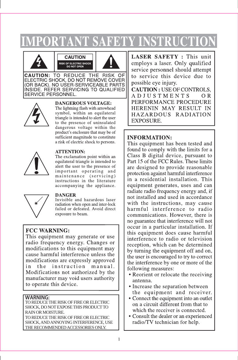 WARNING:TO REDUCE THE RISK OF FIRE OR ELECTRIC SHOCK, DO NOT EXPOSE THIS PRODUCT TO RAIN OR MOISTURE.TO REDUCE THE RISK OF FIRE OR ELECTRIC SHOCK, AND ANNOYING INTERFERENCE, USE THE RECOMMENDED ACCESSORIES ONLY.