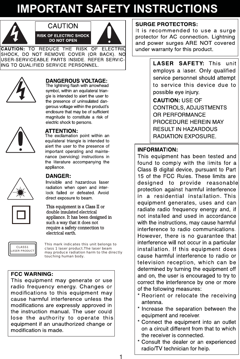 1This equipment is a Class II or double insulated electrical appliance. It has been designed in such a way that it does not require a safety connection to electrical earth.      CLASS1LASER PRODUCTThis mark indicates this unit belongs to class 1 laser product.The laser beam may produce radiation harm to the directlytouching human body.IMPORTANT SAFETY INSTRUCTIONS