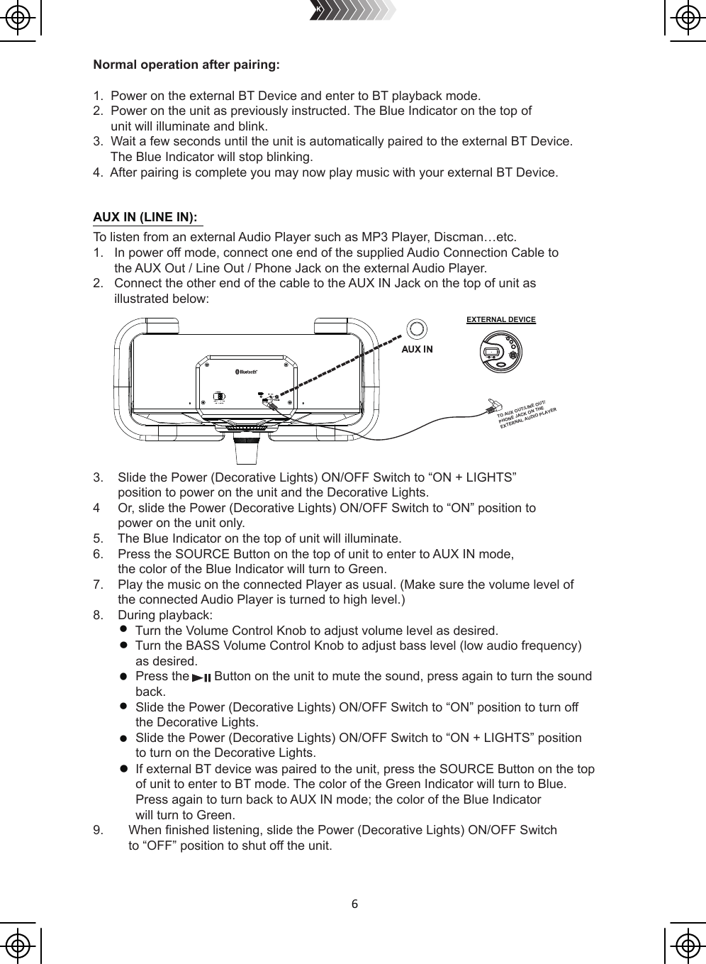 6AUX IN (LINE IN):TO AUX OUT/LINE OUT/PHONE JACK ON THE EXTERNAL AUDIO PLAYERNormal operation after pairing:1.  Power on the external BT Device and enter to BT playback mode.2.  Power on the unit as previously instructed. The Blue Indicator on the top of      unit will illuminate and blink. 3.  Wait a few seconds until the unit is automatically paired to the external BT Device.      The Blue Indicator will stop blinking.4.  After pairing is complete you may now play music with your external BT Device.To listen from an external Audio Player such as MP3 Player, Discman…etc.1.   In power off mode, connect one end of the supplied Audio Connection Cable to      the AUX Out / Line Out / Phone Jack on the external Audio Player.2.   Connect the other end of the cable to the AUX IN Jack on the top of unit as           illustrated below: 3.    Slide the Power (Decorative Lights) ON/OFF Switch to “ON + LIGHTS”        position to power on the unit and the Decorative Lights. 4     Or, slide the Power (Decorative Lights) ON/OFF Switch to “ON” position to       power on the unit only.5.    The Blue Indicator on the top of unit will illuminate.6.    Press the SOURCE Button on the top of unit to enter to AUX IN mode,       the color of the Blue Indicator will turn to Green.7.    Play the music on the connected Player as usual. (Make sure the volume level of        the connected Audio Player is turned to high level.)8.    During playback:            Turn the Volume Control Knob to adjust volume level as desired.            Turn the BASS Volume Control Knob to adjust bass level (low audio frequency)             as desired.            Press the       Button on the unit to mute the sound, press again to turn the sound                              back.            Slide the Power (Decorative Lights) ON/OFF Switch to “ON” position to turn off            the Decorative Lights.            Slide the Power (Decorative Lights) ON/OFF Switch to “ON + LIGHTS” position            to turn on the Decorative Lights.             If external BT device was paired to the unit, press the SOURCE Button on the top             of unit to enter to BT mode. The color of the Green Indicator will turn to Blue.            Press again to turn back to AUX IN mode; the color of the Blue Indicator            will turn to Green.9.       When finished listening, slide the Power (Decorative Lights) ON/OFF Switch          to “OFF” position to shut off the unit.             --------------------------EXTERNAL DEVICE+