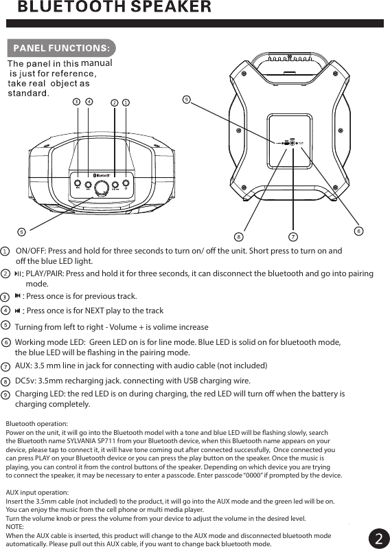 ON/OFF: Press and hold for three seconds to turn on/ o the unit. Short press to turn on and o the blue LED light. PLAY/PAIR: Press and hold it for three seconds, it can disconnect the bluetooth and go into pairing mode. Press once is for previous track. Press once is for NEXT play to the trackTurning from left to right - Volume + is volime increaseWorking mode LED:  Green LED on is for line mode. Blue LED is solid on for bluetooth mode, the blue LED will be ashing in the pairing mode. AUX: 3.5 mm line in jack for connecting with audio cable (not included)DC5v: 3.5mm recharging jack. connecting with USB charging wire.Charging LED: the red LED is on during charging, the red LED will turn o when the battery ischarging completely. Bluetooth operation: Power on the unit, it will go into the Bluetooth model with a tone and blue LED will be ashing slowly, searchthe Bluetooth name SYLVANIA SP711 from your Bluetooth device, when this Bluetooth name appears on your device, please tap to connect it, it will have tone coming out after connected successfully,  Once connected youcan press PLAY on your Bluetooth device or you can press the play button on the speaker. Once the music is playing, you can control it from the control buttons of the speaker. Depending on which device you are tryingto connect the speaker, it may be necessary to enter a passcode. Enter passcode “0000” if prompted by the device.AUX input operation: Insert the 3.5mm cable (not included) to the product, it will go into the AUX mode and the green led will be on. You can enjoy the music from the cell phone or multi media player. Turn the volume knob or press the volume from your device to adjust the volume in the desired level.NOTE:When the AUX cable is inserted, this product will change to the AUX mode and disconnected bluetooth modeautomatically. Please pull out this AUX cable, if you want to change back bluetooth mode. manual