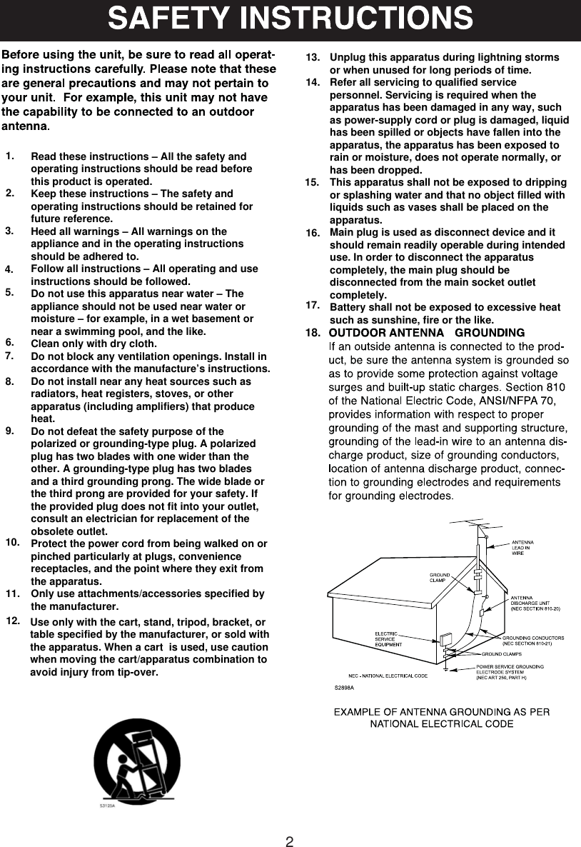 2Use only with the cart, stand, tripod, bracket, or table specified by the manufacturer, or sold with the apparatus. When a cart  is used, use caution when moving the cart/apparatus combination to avoid injury from tip-over.12.Read these instructions – All the safety and operating instructions should be read before this product is operated. Keep these instructions – The safety and operating instructions should be retained for future reference. Heed all warnings – All warnings on the appliance and in the operating instructions should be adhered to.Follow all instructions – All operating and use instructions should be followed. Do not use this apparatus near water – The appliance should not be used near water or moisture – for example, in a wet basement or near a swimming pool, and the like.Clean only with dry cloth.Do not block any ventilation openings. Install in accordance with the manufacture’s instructions.Do not install near any heat sources such as radiators, heat registers, stoves, or other apparatus (including amplifiers) that produce heat. Do not defeat the safety purpose of the polarized or grounding-type plug. A polarized plug has two blades with one wider than the other. A grounding-type plug has two blades and a third grounding prong. The wide blade or the third prong are provided for your safety. If the provided plug does not fit into your outlet, consult an electrician for replacement of the obsolete outlet.Protect the power cord from being walked on or pinched particularly at plugs, convenience receptacles, and the point where they exit from the apparatus.Only use attachments/accessories specified by the manufacturer.1.2.3.4.5.6.7.8.9.10.11.13. Unplug this apparatus during lightning storms or when unused for long periods of time.Refer all servicing to qualified service personnel. Servicing is required when the apparatus has been damaged in any way, such as power-supply cord or plug is damaged, liquid has been spilled or objects have fallen into the apparatus, the apparatus has been exposed to rain or moisture, does not operate normally, or has been dropped.This apparatus shall not be exposed to dripping or splashing water and that no object filled with liquids such as vases shall be placed on the apparatus.Main plug is used as disconnect device and it should remain readily operable during intended use. In order to disconnect the apparatus completely, the main plug should be disconnected from the main socket outlet completely. Battery shall not be exposed to excessive heat such as sunshine, fire or the like.14.15.16.17.18.