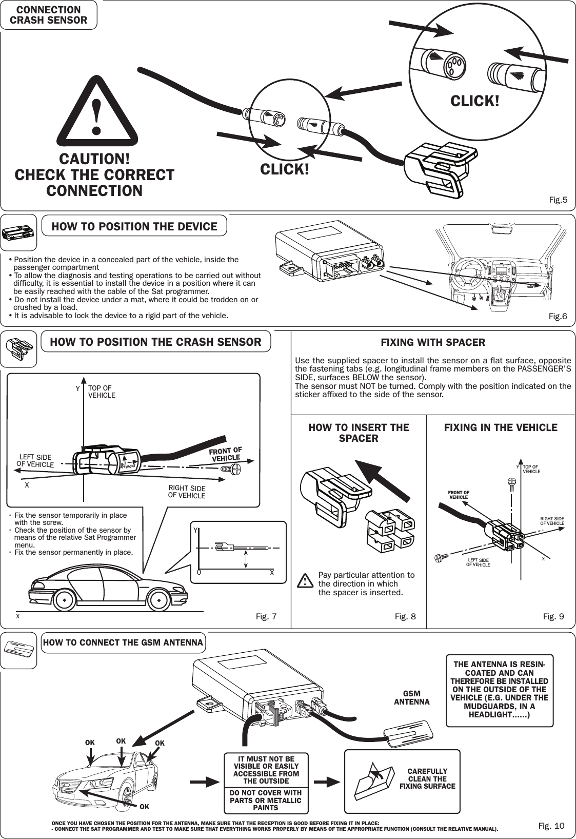 • Position the device in a concealed part of the vehicle, inside the  passenger compartment• To allow the diagnosis and testing operations to be carried out without  difficulty, it is essential to install the device in a position where it can  be easily reached with the cable of the Sat programmer.• Do not install the device under a mat, where it could be trodden on or  crushed by a load.• It is advisable to lock the device to a rigid part of the vehicle.HOW TO POSITION THE DEVICEHOW TO POSITION THE CRASH SENSORGSMANTENNAONCE YOU HAVE CHOSEN THE POSITION FOR THE ANTENNA, MAKE SURE THAT THE RECEPTION IS GOOD BEFORE FIXING IT IN PLACE:- CONNECT THE SAT PROGRAMMER AND TEST TO MAKE SURE THAT EVERYTHING WORKS PROPERLY BY MEANS OF THE APPROPRIATE FUNCTION (CONSULT THE RELATIVE MANUAL).IT MUST NOT BEVISIBLE OR EASILYACCESSIBLE FROMTHE OUTSIDEDO NOT COVER WITHPARTS OR METALLICPAINTSCAREFULLYCLEAN THEFIXING SURFACETHE ANTENNA IS RESIN-COATED AND CANTHEREFORE BE INSTALLEDON THE OUTSIDE OF THEVEHICLE (E.G. UNDER THEMUDGUARDS, IN AHEADLIGHT......)HOW TO CONNECT THE GSM ANTENNAFig.6Fig. 7 Fig. 8 Fig. 9Fig. 10FIXING WITH SPACERUse the supplied spacer to install the sensor on a flat surface, oppositethe fastening tabs (e.g. longitudinal frame members on the PASSENGER’SSIDE, surfaces BELOW the sensor).The sensor must NOT be turned. Comply with the position indicated on thesticker affixed to the side of the sensor.HOW TO INSERT THESPACERFIXING IN THE VEHICLEPay particular attention tothe direction in whichthe spacer is inserted.!TOPTOP OFVEHICLELEFT SIDEOF VEHICLERIGHT SIDEOF VEHICLEFRONT OFVEHICLE• Fix the sensor temporarily in place   with the screw.• Check the position of the sensor by   means of the relative Sat Programmer   menu.• Fix the sensor permanently in place.XYXTOP OFVEHICLELEFT SIDEOF VEHICLERIGHT SIDEOF VEHICLEFRONT OFVEHICLEXYFRONTCONNECTIONCRASH SENSORCAUTION!CHECK THE CORRECTCONNECTIONCLICK!CLICK!Fig.5OK OK OKOKYX0