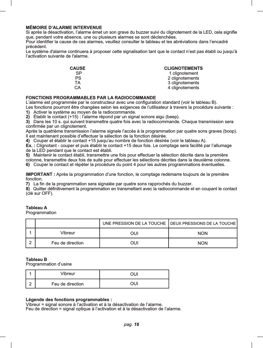 pag. 16MÉMOIRE D’ALARME INTERVENUESi après la désactivation, l’alarme émet un son grave du buzzer suivi du clignotement de la LED, cela signifieque, pendant votre absence, une ou plusieurs alarmes se sont déclenchées.Pour identifier la cause de ces alarmes, veuillez consulter le tableau et les abréviations dans l’encadréprécédent.Le système d&apos;alarme continuera à proposer cette signalisation tant que le contact n’est pas établi ou jusqu’àl’activation suivante de l&apos;alarme.Tableau BProgrammation d’usineLégende des fonctions programmables :Vibreur = signal sonore à l’activation et à la désactivation de l’alarme.Feu de direction = signal optique à l’activation et à la désactivation de l’alarme.VibreurFeu de directionVibreurFeu de directionUNE PRESSION DE LA TOUCHE DEUX PRESSIONS DE LA TOUCHEOUIOUINONNON1212OUIOUICAUSE  SP PSTACACLIGNOTEMENTS1 clignotement2 clignotements3 clignotements4 clignotementsFONCTIONS PROGRAMMABLES PAR LA RADIOCOMMANDEL’alarme est programmée par le constructeur avec une configuration standard (voir le tableau B).Les fonctions pourront être changées selon les exigences de l’utilisateur à travers la procédure suivante :1)   Activer le système au moyen de la radiocommande.2)   Établir le contact (+15) : l’alarme répond par un signal sonore aigu (beep).3)   Dans les 10 s. qui suivent transmettre quatre fois avec la radiocommande. Chaque transmission seraconfirmée par un clignotement.Après la quatrième transmission l’alarme signale l’accès à la programmation par quatre sons graves (boop).Il est maintenant possible d’effectuer la sélection de la fonction désirée.4)   Couper et établir le contact +15 jusqu’au nombre de fonction désirée (voir le tableau A).Ex. : Clignotant - couper et puis établir le contact +15 deux fois. Le comptage sera facilité par l’allumagede la LED pendant que le contact est établi.5)   Maintenir le contact établi, transmettre une fois pour effectuer la sélection décrite dans la premièrecolonne, transmettre deux fois de suite pour effectuer les sélections décrites dans la deuxième colonne.6)   Couper le contact et répéter la procédure du point 4 pour les autres programmations éventuelles.IMPORTANT : Après la programmation d’une fonction, le comptage redémarre toujours de la premièrefonction.7)   La fin de la programmation sera signalée par quatre sons rapprochés du buzzer.8)   Quitter définitivement la programmation en transmettant avec la radiocommande et en coupant le contact(clé sur OFF).Tableau AProgrammation