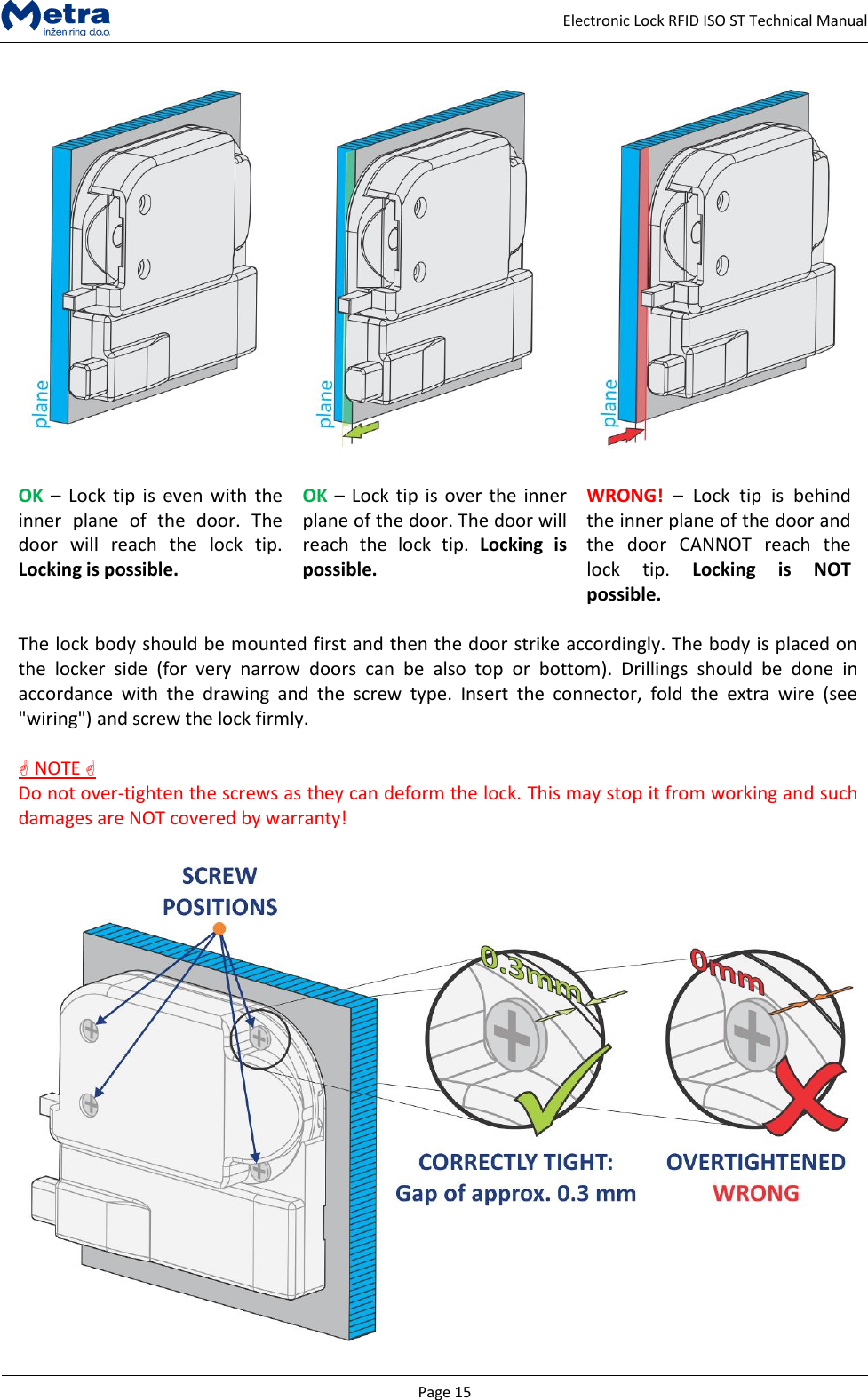   Page 15     Electronic Lock RFID ISO ST Technical Manual       OK &ndash;  Lock  tip  is  even with the inner  plane  of  the  door.  The door  will  reach  the  lock  tip. Locking is possible. OK &ndash; Lock tip is over the  inner plane of the door. The door will reach  the  lock  tip.  Locking  is possible. WRONG! &ndash;  Lock  tip  is  behind the inner plane of the door and the  door  CANNOT  reach  the lock  tip.  Locking  is  NOT possible.  The lock body should be mounted first and then the door strike accordingly. The body is placed on the  locker  side  (for  very  narrow  doors  can  be  also  top  or  bottom).  Drillings  should  be  done  in accordance  with  the  drawing  and  the  screw  type.  Insert  the  connector,  fold  the  extra  wire  (see "wiring") and screw the lock firmly.     NOTE  Do not over-tighten the screws as they can deform the lock. This may stop it from working and such damages are NOT covered by warranty!   