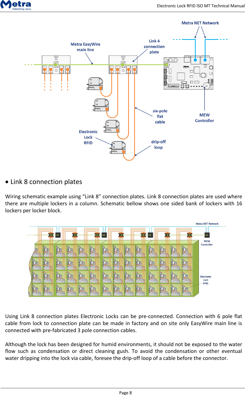   Page 8     Electronic Lock RFID ISO MT Technical Manual      Link 8 connection plates  Wiring schematic example using &ldquo;Link 8&rdquo; connection plates. Link 8 connection plates are used where there are multiple lockers in a column. Schematic bellow shows one sided bank of lockers with 16 lockers per locker block.     Using Link 8 connection plates Electronic Locks can be pre-connected. Connection with 6 pole flat cable from lock to connection plate can be made in factory and on site only EasyWire main line is connected with pre-fabricated 3 pole connection cables.  Although the lock has been designed for humid environments, it should not be exposed to the water flow  such  as  condensation  or  direct  cleaning  gush.  To  avoid  the  condensation  or  other  eventual water dripping into the lock via cable, foresee the drip-off loop of a cable before the connector.  