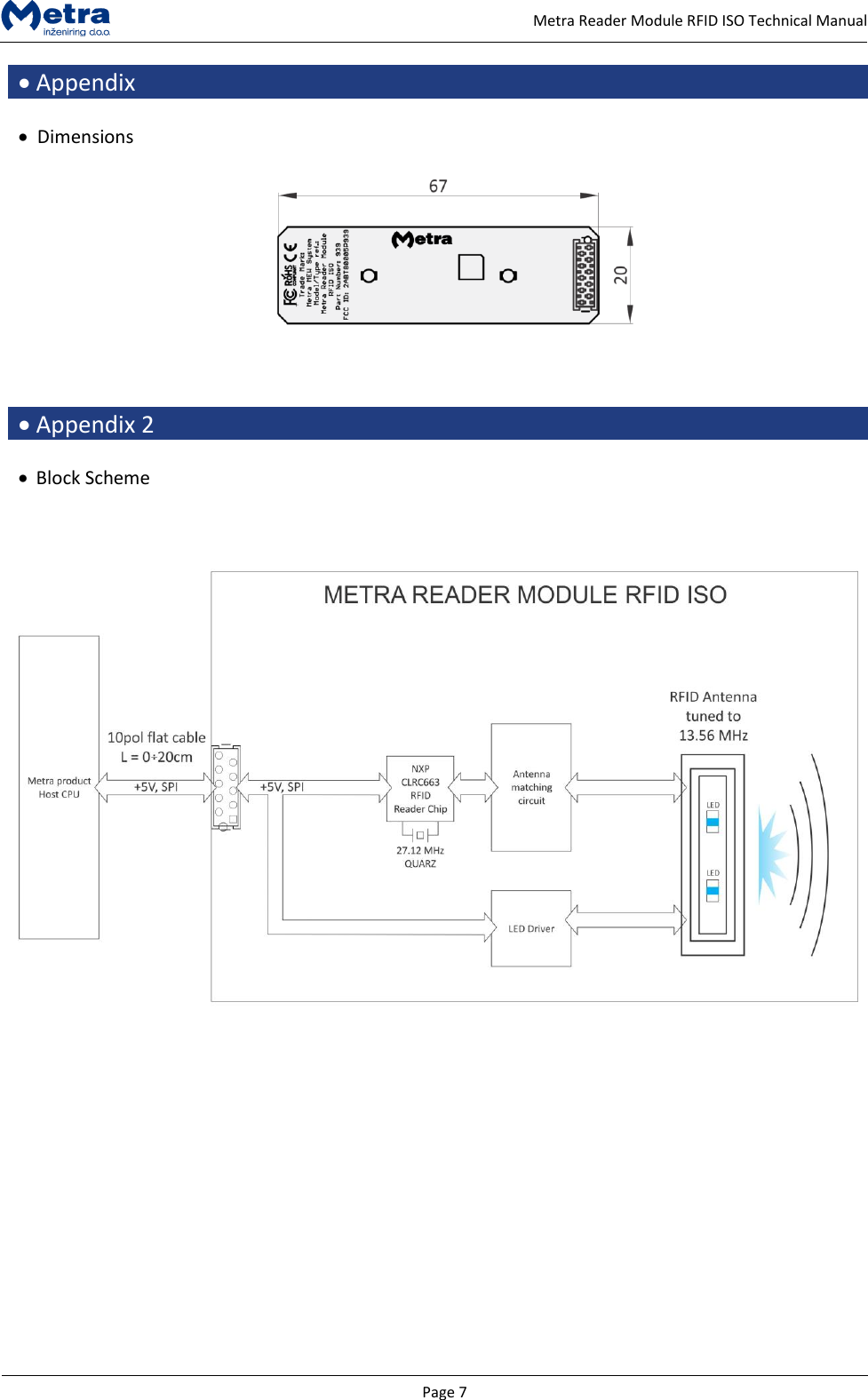   Page 7     Metra Reader Module RFID ISO Technical Manual  Appendix    Dimensions       Appendix 2    Block Scheme   