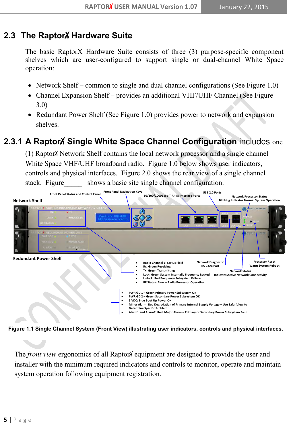 RAPTORX USER MANUAL Version 1.07 January 22, 2015  5 | P a g e   2.3  The RaptorX Hardware Suite The  basic  RaptorX  Hardware  Suite  consists  of  three  (3)  purpose-specific  component shelves  which  are  user-configured  to  support  single  or  dual-channel  White  Space operation:   Network Shelf &ndash; common to single and dual channel configurations (See Figure 1.0)  Channel Expansion Shelf &ndash; provides an additional VHF/UHF Channel (See Figure 3.0)  Redundant Power Shelf (See Figure 1.0) provides power to network and expansion shelves.  A RaptorX Single White Space Channel Configuration includes one 2.3.1(1) RaptorX Network Shelf contains the local network processor and a single channel White Space VHF/UHF broadband radio.  Figure 1.0 below shows user indicators, controls and physical interfaces.  Figure 2.0 shows the rear view of a single channel stack.  Figure_____   shows a basic site single channel configuration.   The front view ergonomics of all RaptorX equipment are designed to provide the user and installer with the minimum required indicators and controls to monitor, operate and maintain system operation following equipment registration.   Figure 1.1 Single Channel System (Front View) illustrating user indicators, controls and physical interfaces. Network Processor StatusBlinking Indicates Normal System OperationProcessor ResetWarm System Reboot   Network Status Indicates Active Network Connectivity  Radio Channel 1: Status Field Rx: Green Receiving Tx: Green Transmitting Lock: Green System Internally Frequency Locked Unlock: Red Frequency Subsystem Failure  RF Status: Blue  &ndash; Radio Processor Operating     PWR GD 1 &ndash; Green Primary Power Subsystem OK PWR GD 2 &ndash; Green Secondary Power Subsystem OK 5 VDC: Blue Boot Up Power OK Minor Alarm: Red Degradation of Primary Internal Supply Voltage &ndash; Use SafariView to Determine Specific Problem Alarm1 and Alarm2: Red, Major Alarm &ndash; Primary or Secondary Power Subsystem Fault  Front Panel Navigation KeysFront Panel Status and Control PanelNetwork DiagnosticRS-232C Port USB 2.0 Ports10/100/1000Base-T RJ-45 interface PortsRedundant Power ShelfNetwork Shelf