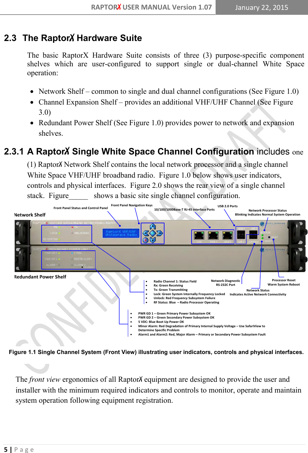 RAPTORX USER MANUAL Version 1.07 January 22, 2015  5 | P a g e   2.3  The RaptorX Hardware Suite The  basic  RaptorX  Hardware  Suite  consists  of  three  (3)  purpose-specific  component shelves  which  are  user-configured  to  support  single  or  dual-channel  White  Space operation:   Network Shelf – common to single and dual channel configurations (See Figure 1.0)  Channel Expansion Shelf – provides an additional VHF/UHF Channel (See Figure 3.0)  Redundant Power Shelf (See Figure 1.0) provides power to network and expansion shelves.  A RaptorX Single White Space Channel Configuration includes one 2.3.1(1) RaptorX Network Shelf contains the local network processor and a single channel White Space VHF/UHF broadband radio.  Figure 1.0 below shows user indicators, controls and physical interfaces.  Figure 2.0 shows the rear view of a single channel stack.  Figure_____   shows a basic site single channel configuration.   The front view ergonomics of all RaptorX equipment are designed to provide the user and installer with the minimum required indicators and controls to monitor, operate and maintain system operation following equipment registration.   Figure 1.1 Single Channel System (Front View) illustrating user indicators, controls and physical interfaces. Network Processor StatusBlinking Indicates Normal System OperationProcessor ResetWarm System Reboot   Network Status Indicates Active Network Connectivity  Radio Channel 1: Status Field Rx: Green Receiving Tx: Green Transmitting Lock: Green System Internally Frequency Locked Unlock: Red Frequency Subsystem Failure  RF Status: Blue  – Radio Processor Operating     PWR GD 1 – Green Primary Power Subsystem OK PWR GD 2 – Green Secondary Power Subsystem OK 5 VDC: Blue Boot Up Power OK Minor Alarm: Red Degradation of Primary Internal Supply Voltage – Use SafariView to Determine Specific Problem Alarm1 and Alarm2: Red, Major Alarm – Primary or Secondary Power Subsystem Fault  Front Panel Navigation KeysFront Panel Status and Control PanelNetwork DiagnosticRS-232C Port USB 2.0 Ports10/100/1000Base-T RJ-45 interface PortsRedundant Power ShelfNetwork Shelf