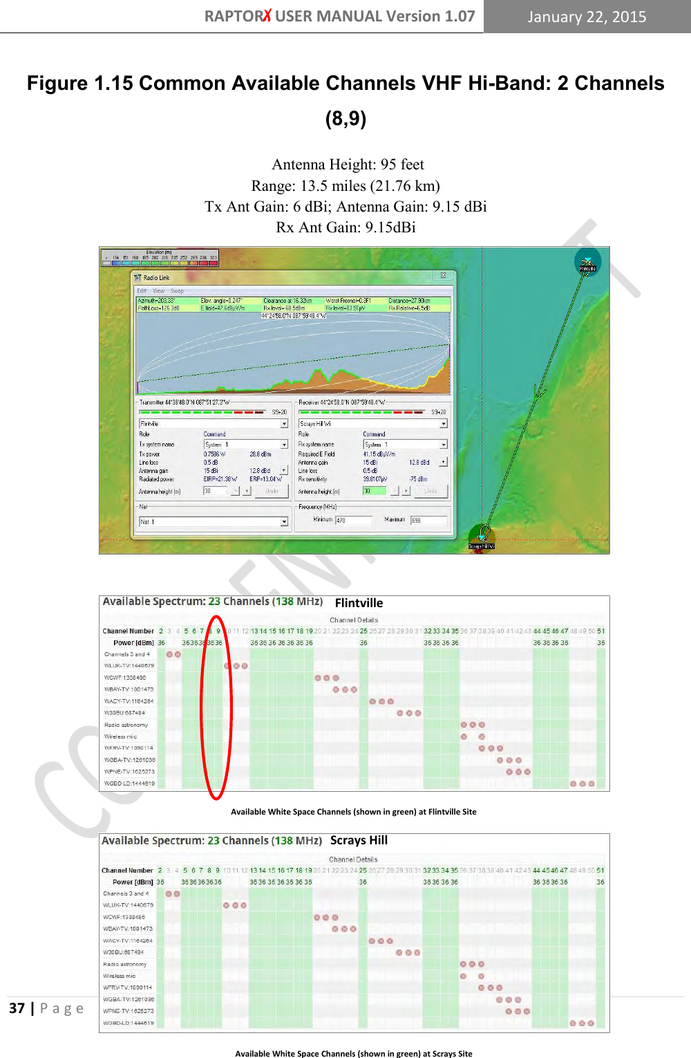 RAPTORX USER MANUAL Version 1.07 January 22, 2015  37 | P a g e   Figure 1.15 Common Available Channels VHF Hi-Band: 2 Channels (8,9)  Antenna Height: 95 feet Range: 13.5 miles (21.76 km) Tx Ant Gain: 6 dBi; Antenna Gain: 9.15 dBi Rx Ant Gain: 9.15dBi                       UHF White Space Point-to-Point Link Channels: 13- 51;  Range: 17.3 miles (27.9 km) EIRP: 36 dBm; Rx Ant Gain: 15 dBi Ant Height: 98” Scrays HillFlintvilleAvailable White Space Channels (shown in green) at Flintville SiteAvailable White Space Channels (shown in green) at Scrays Site