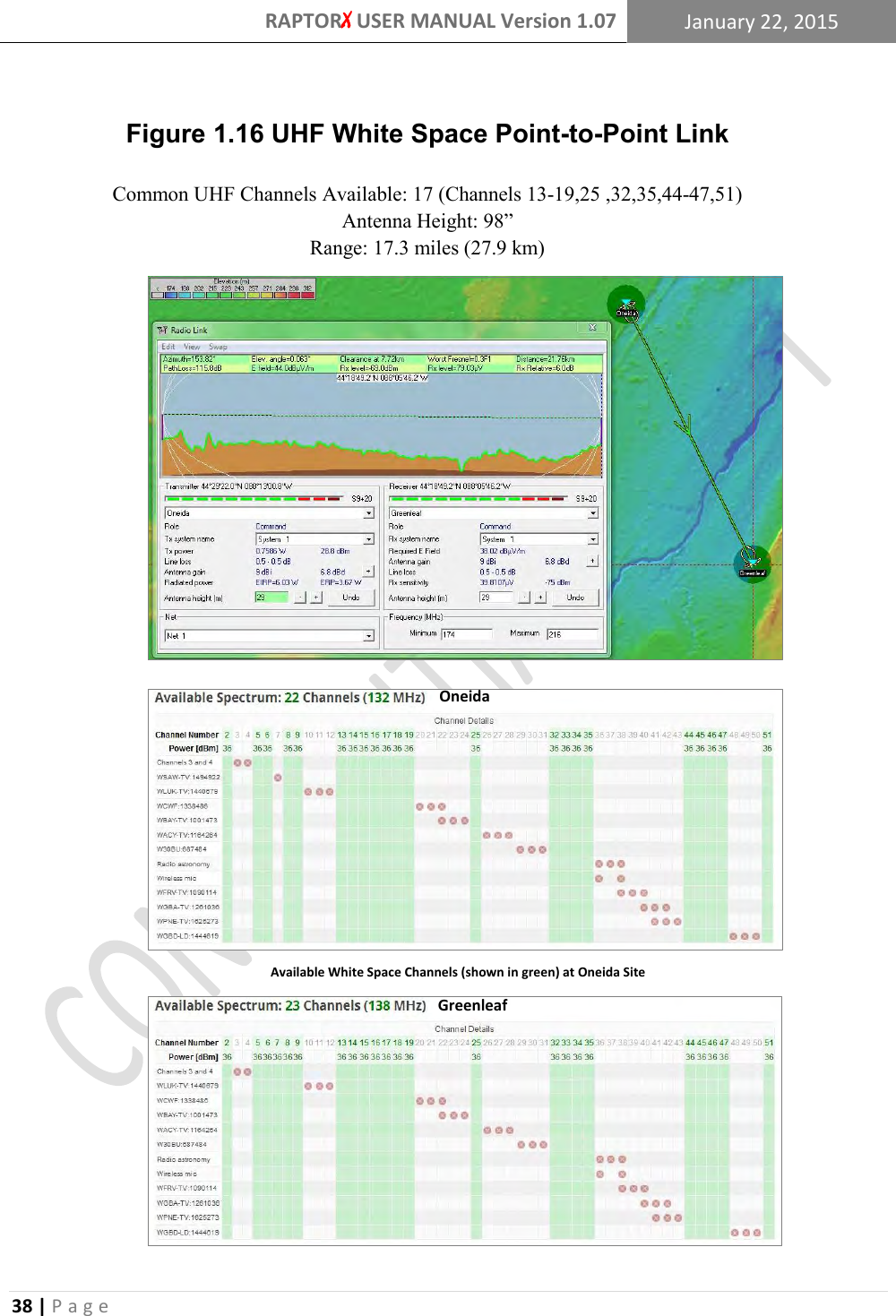 RAPTORX USER MANUAL Version 1.07 January 22, 2015  38 | P a g e                            OneidaGreenleafAvailable White Space Channels (shown in green) at Oneida SiteAvailable White Space Channels (shown in green) at Greenleaf Site Figure 1.16 UHF White Space Point-to-Point Link Common UHF Channels Available: 17 (Channels 13-19,25 ,32,35,44-47,51) Antenna Height: 98” Range: 17.3 miles (27.9 km) EIRP: 36 dBm, Rx Antenna Gain: 15 dBi 