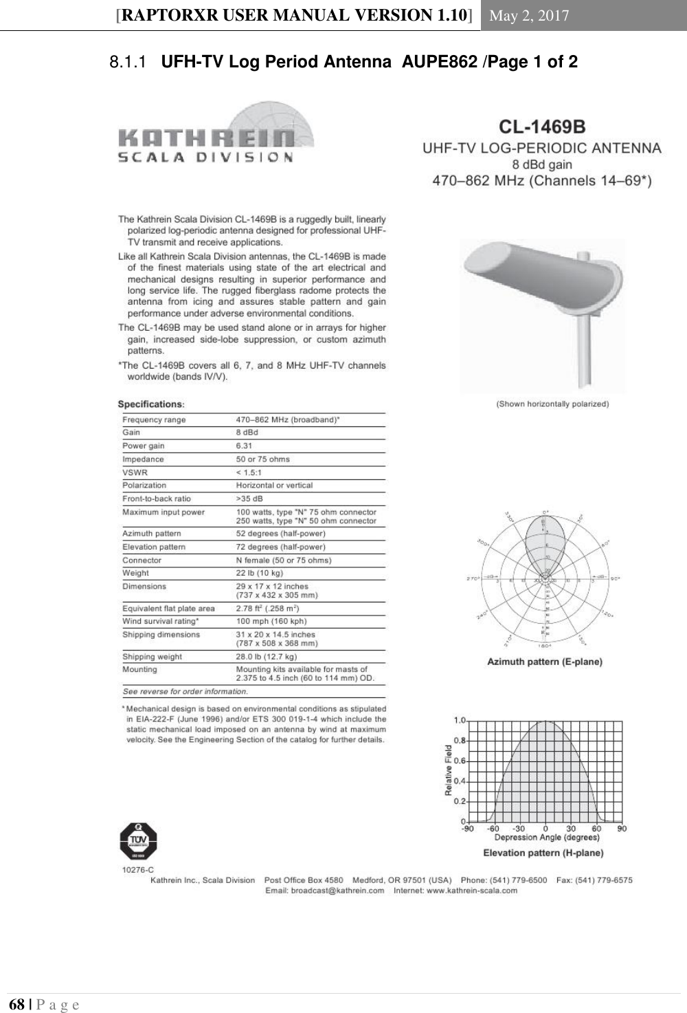 [RAPTORXR USER MANUAL VERSION 1.10] May 2, 2017  68 | P a g e    UFH-TV Log Period Antenna  AUPE862 /Page 1 of 28.1.1