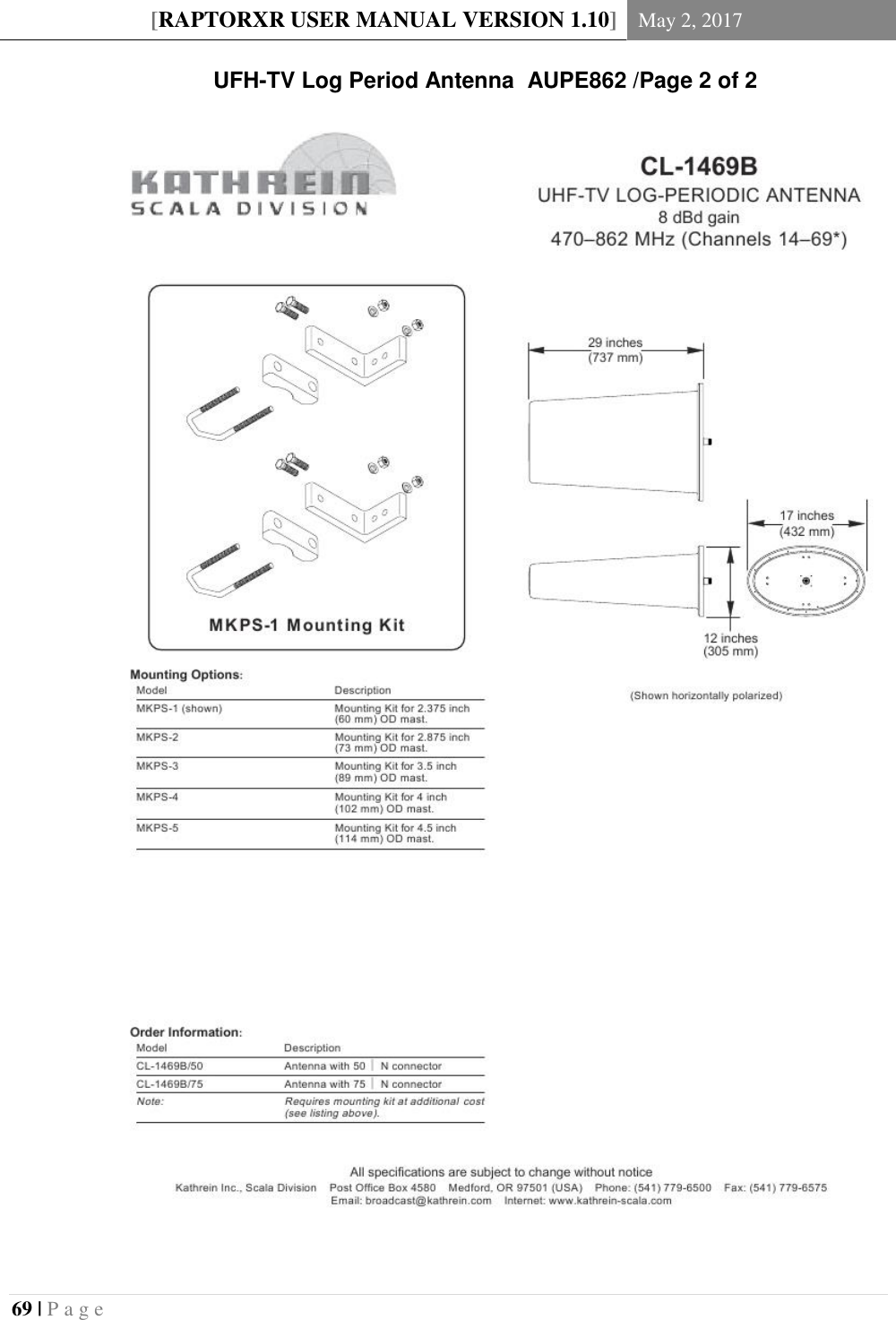 [RAPTORXR USER MANUAL VERSION 1.10] May 2, 2017  69 | P a g e    UFH-TV Log Period Antenna  AUPE862 /Page 2 of 2 